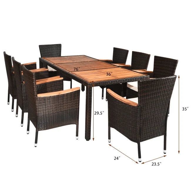9PCS Patio Rattan Dining Set W/ Stackable Cushioned Chairs & Acacia Wood Table Top - Image 11