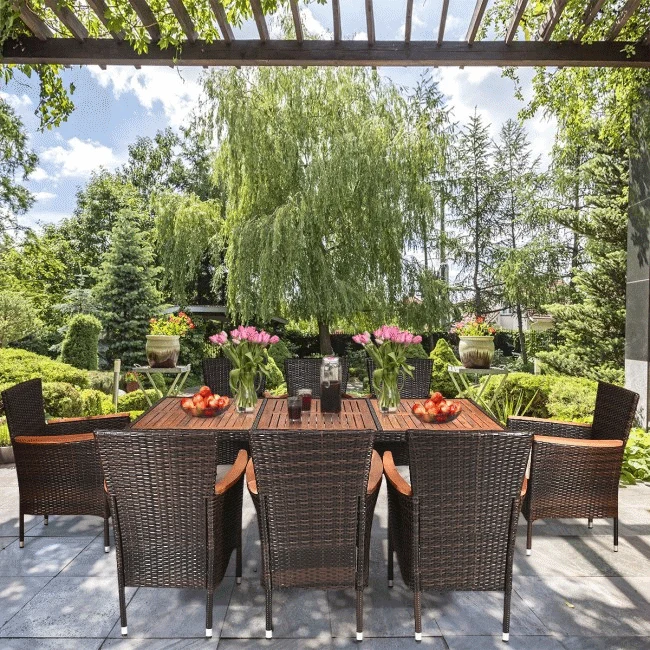 9PCS Patio Rattan Dining Set W/ Stackable Cushioned Chairs & Acacia Wood Table Top - Image 2