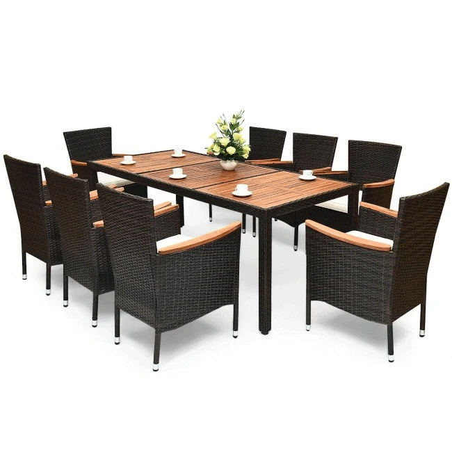 9PCS Patio Rattan Dining Set W/ Stackable Cushioned Chairs & Acacia Wood Table Top - Image 3