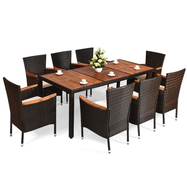 9PCS Patio Rattan Dining Set W/ Stackable Cushioned Chairs & Acacia Wood Table Top - Image 4