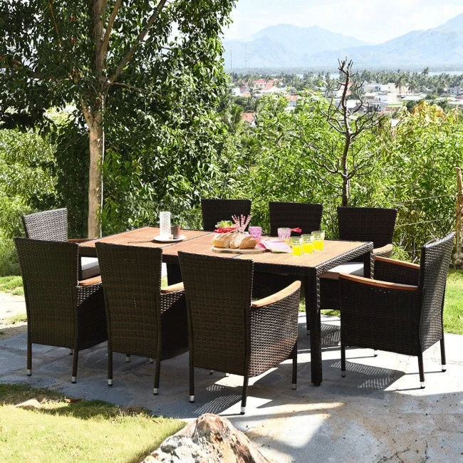 9PCS Patio Rattan Dining Set W/ Stackable Cushioned Chairs & Acacia Wood Table Top - Image 5