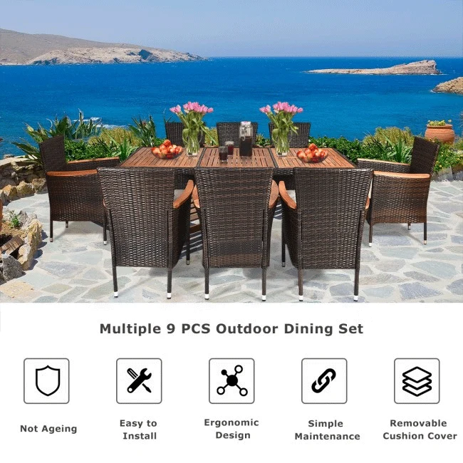9PCS Patio Rattan Dining Set W/ Stackable Cushioned Chairs & Acacia Wood Table Top - Image 6