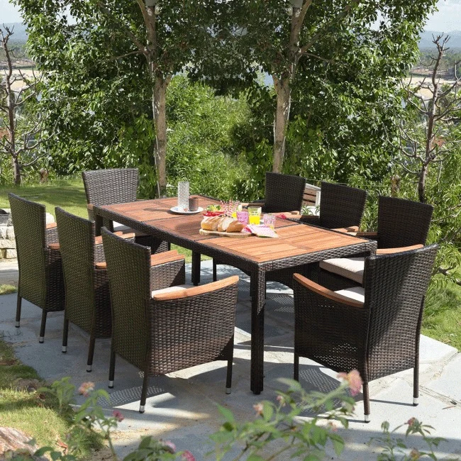 9PCS Patio Rattan Dining Set W/ Stackable Cushioned Chairs & Acacia Wood Table Top - Image 7