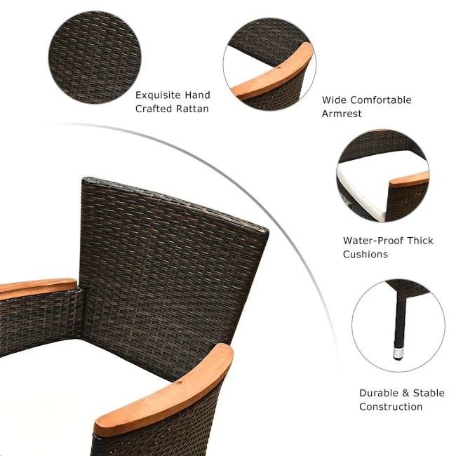 9PCS Patio Rattan Dining Set W/ Stackable Cushioned Chairs & Acacia Wood Table Top - Image 8