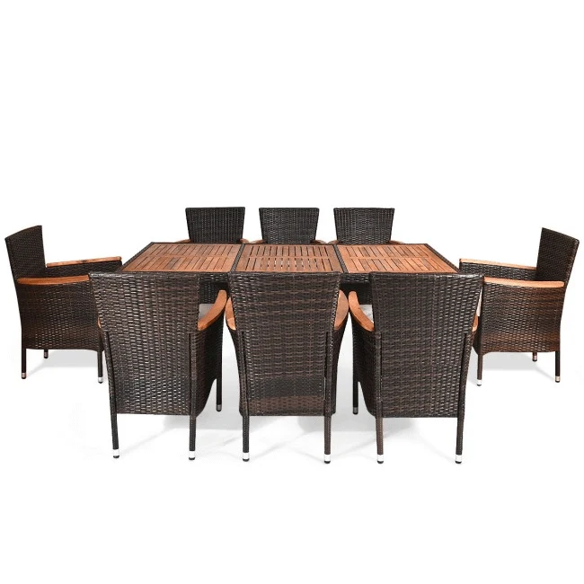 9PCS Patio Rattan Dining Set W/ Stackable Cushioned Chairs & Acacia Wood Table Top - Image 9