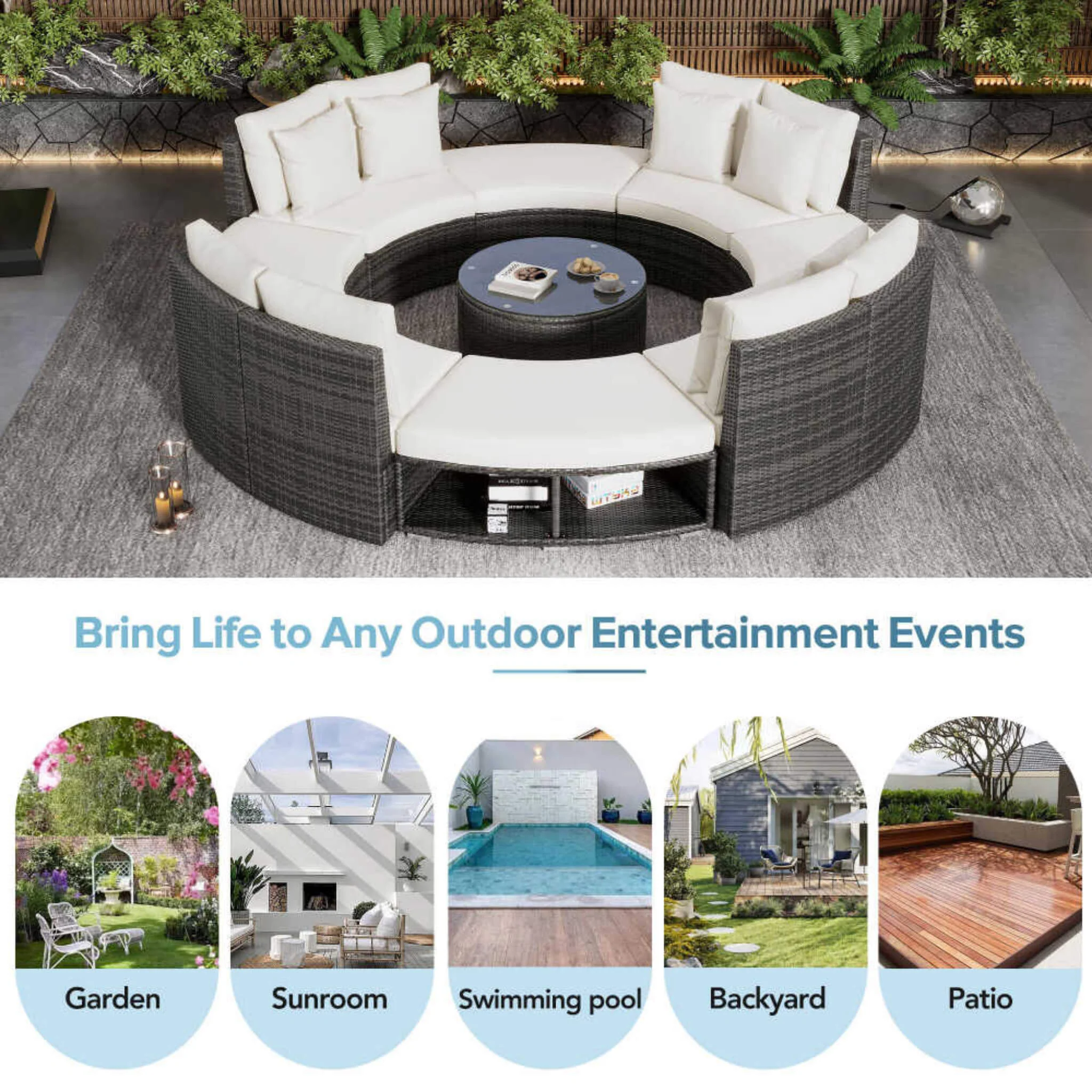 Elegant Beige Circular Rattan Patio Sofa Set With Tempered Glass Coffee Table And 6 Pillows - Image 10
