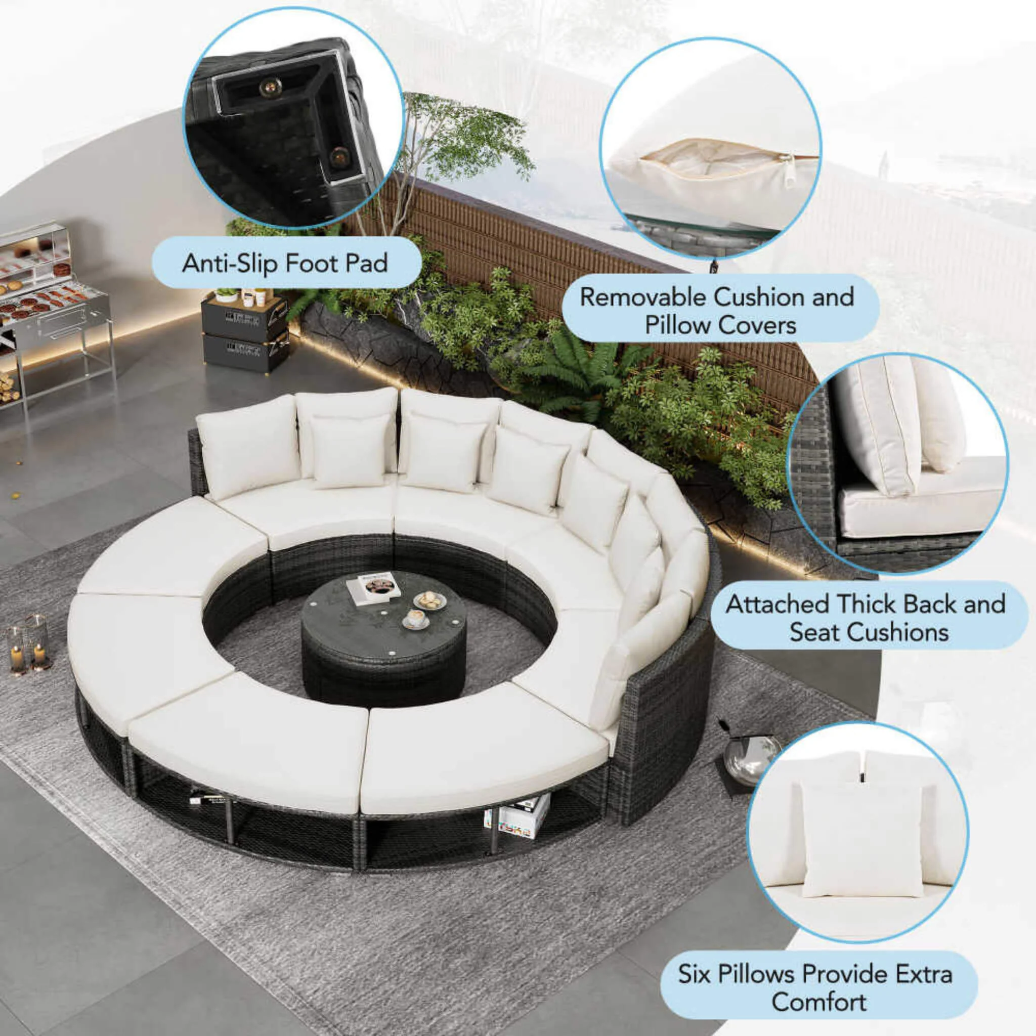Elegant Beige Circular Rattan Patio Sofa Set With Tempered Glass Coffee Table And 6 Pillows - Image 11