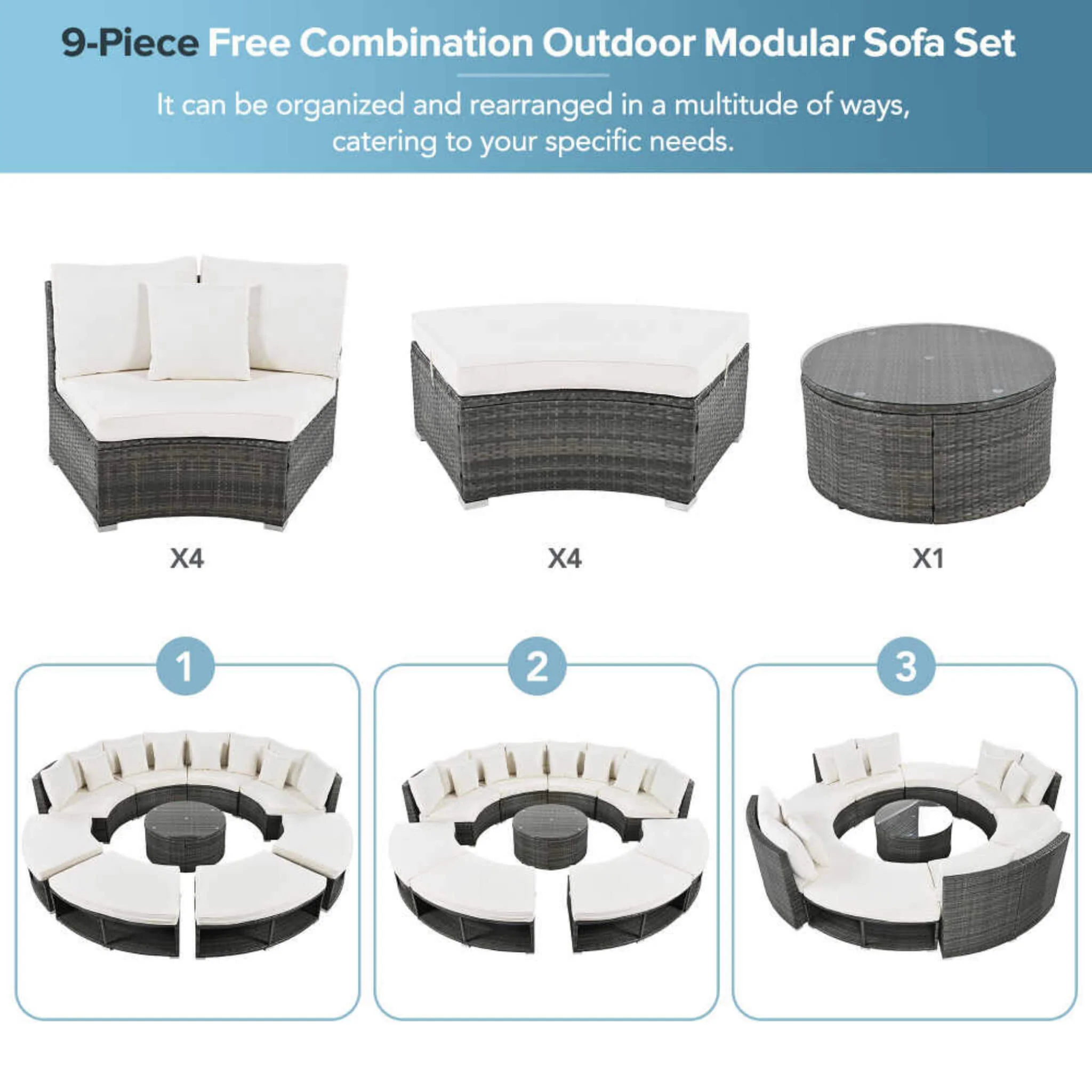 Elegant Beige Circular Rattan Patio Sofa Set With Tempered Glass Coffee Table And 6 Pillows - Image 13