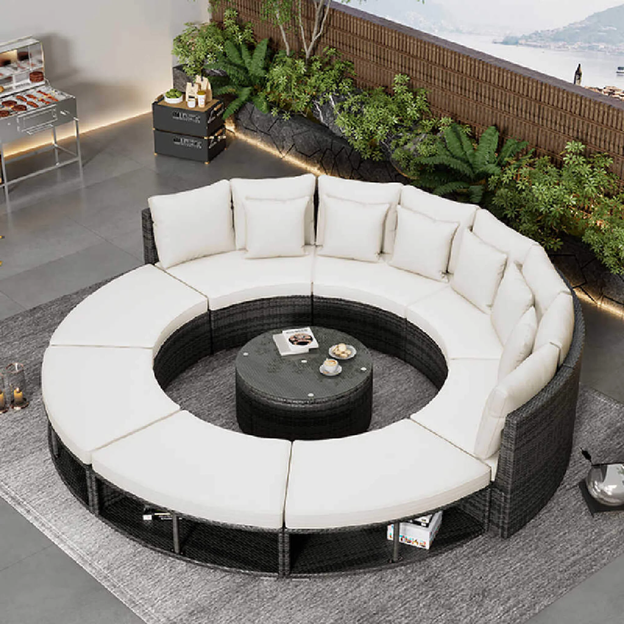 Elegant Beige Circular Rattan Patio Sofa Set With Tempered Glass Coffee Table And 6 Pillows - Image 14