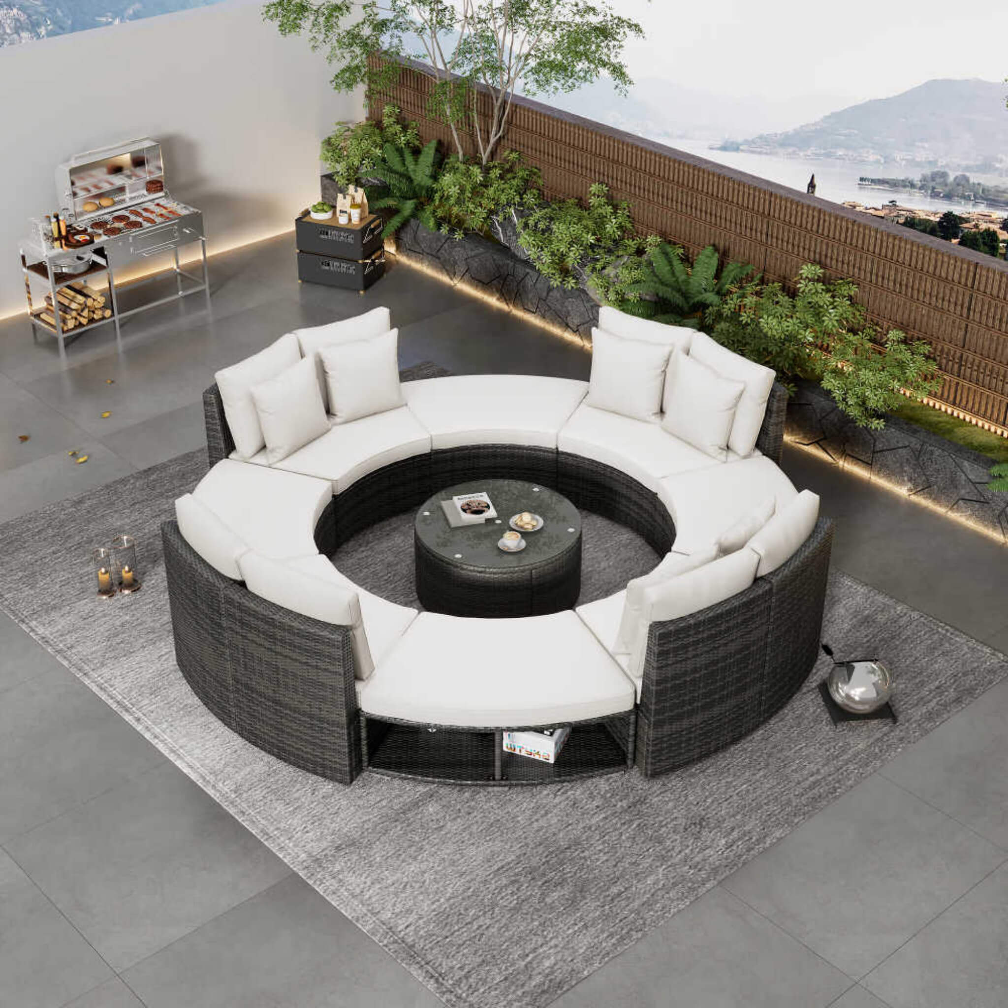 Elegant Beige Circular Rattan Patio Sofa Set With Tempered Glass Coffee Table And 6 Pillows - Image 16