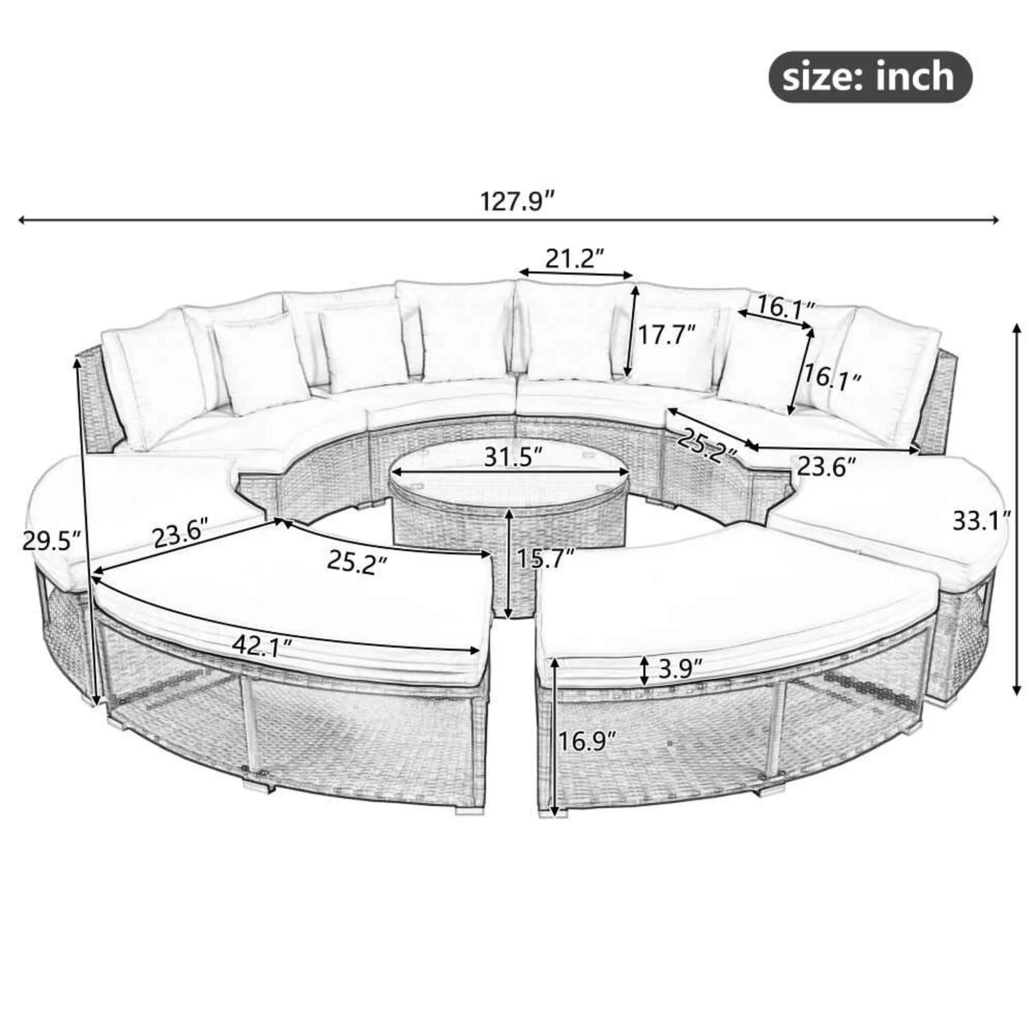 Elegant Beige Circular Rattan Patio Sofa Set With Tempered Glass Coffee Table And 6 Pillows - Image 2