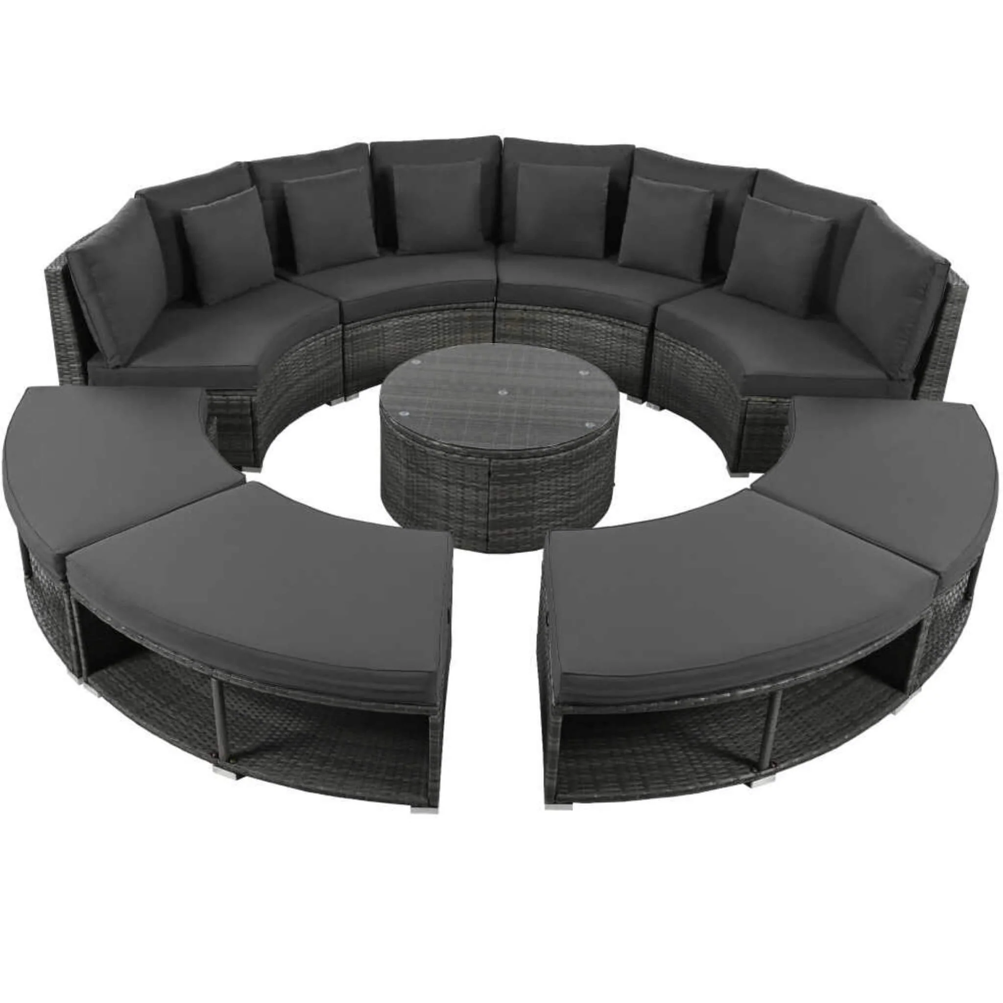 Elegant Beige Circular Rattan Patio Sofa Set With Tempered Glass Coffee Table And 6 Pillows - Image 27