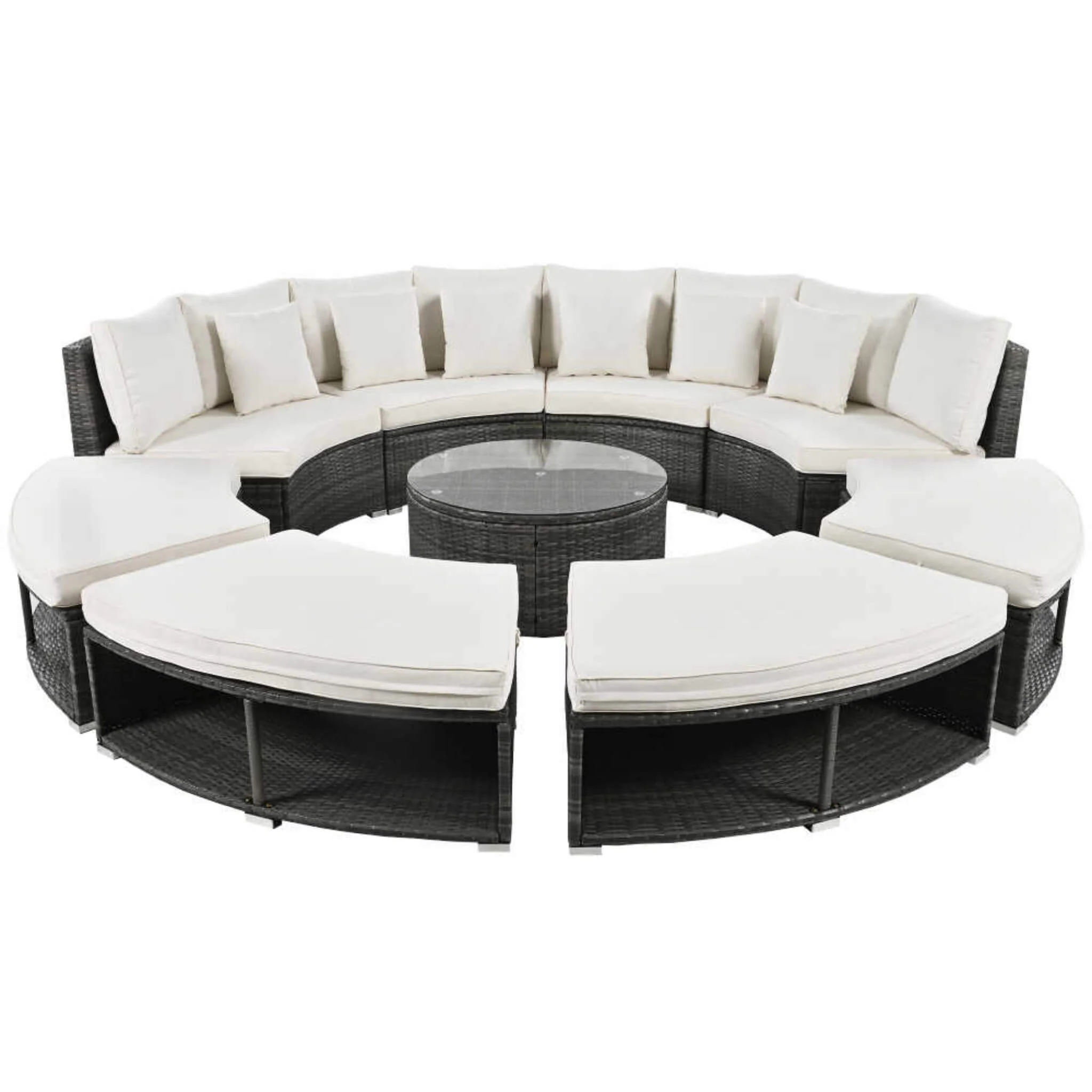 Elegant Beige Circular Rattan Patio Sofa Set With Tempered Glass Coffee Table And 6 Pillows - Image 3