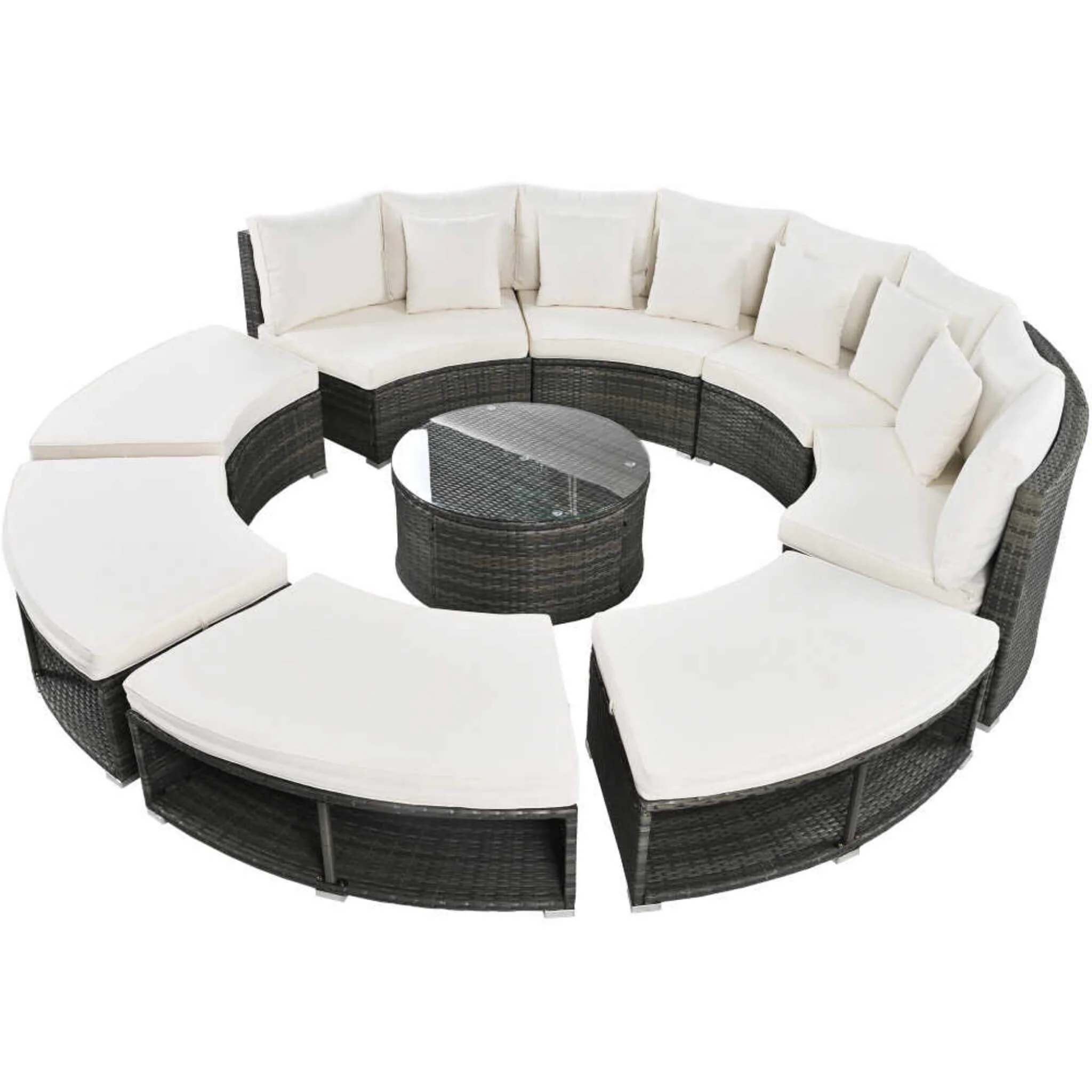 Elegant Beige Circular Rattan Patio Sofa Set With Tempered Glass Coffee Table And 6 Pillows - Image 4