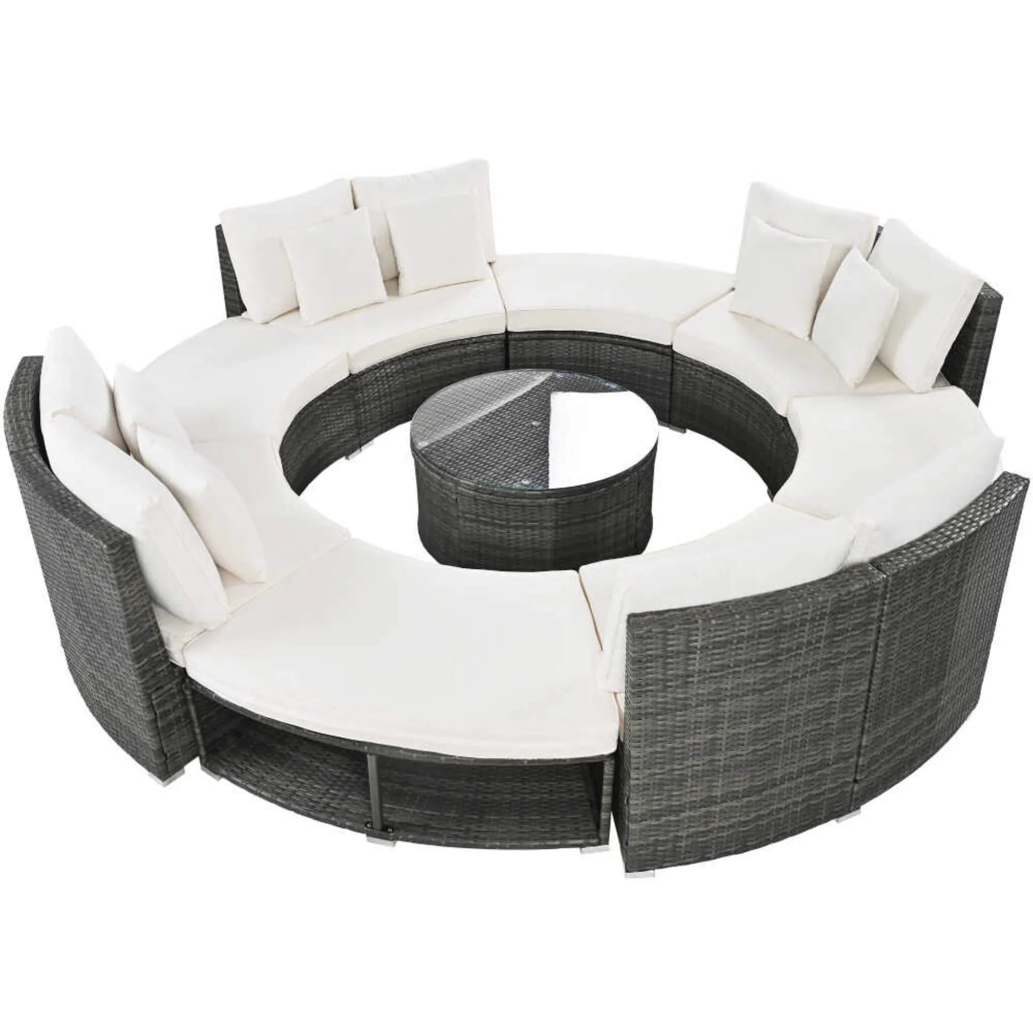 Elegant Beige Circular Rattan Patio Sofa Set With Tempered Glass Coffee Table And 6 Pillows - Image 5