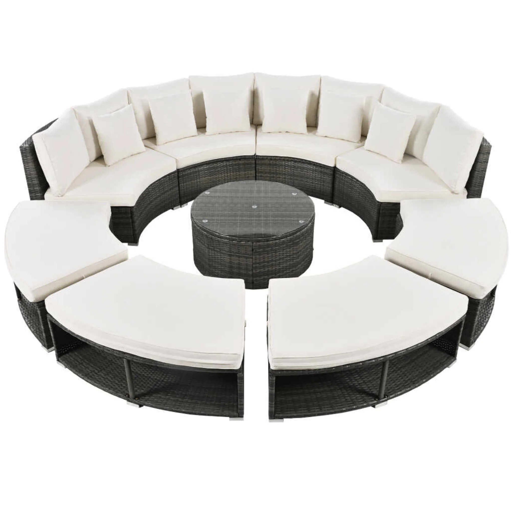 Elegant Beige Circular Rattan Patio Sofa Set With Tempered Glass Coffee Table And 6 Pillows - Image 7