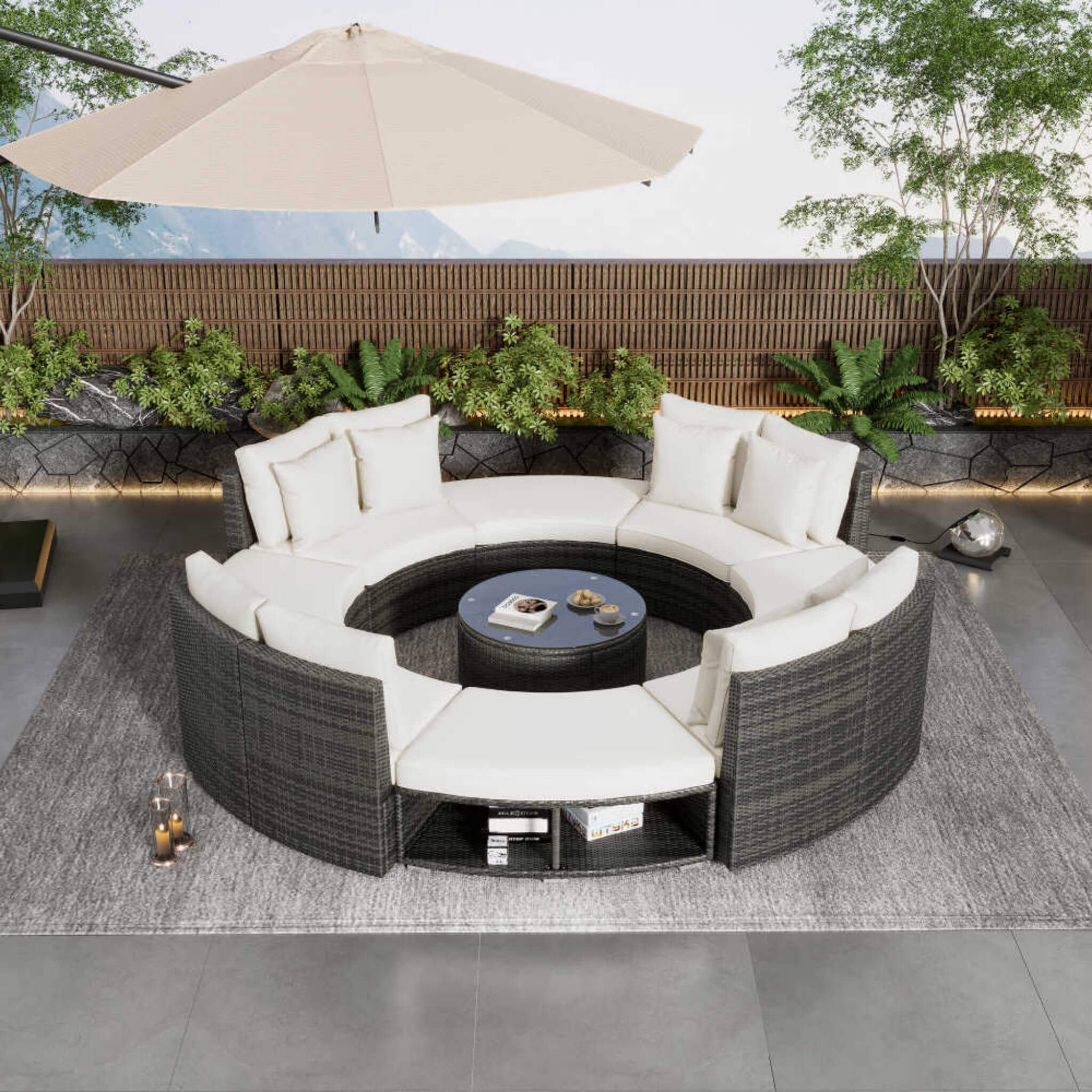 Elegant Beige Circular Rattan Patio Sofa Set With Tempered Glass Coffee Table And 6 Pillows - Image 8