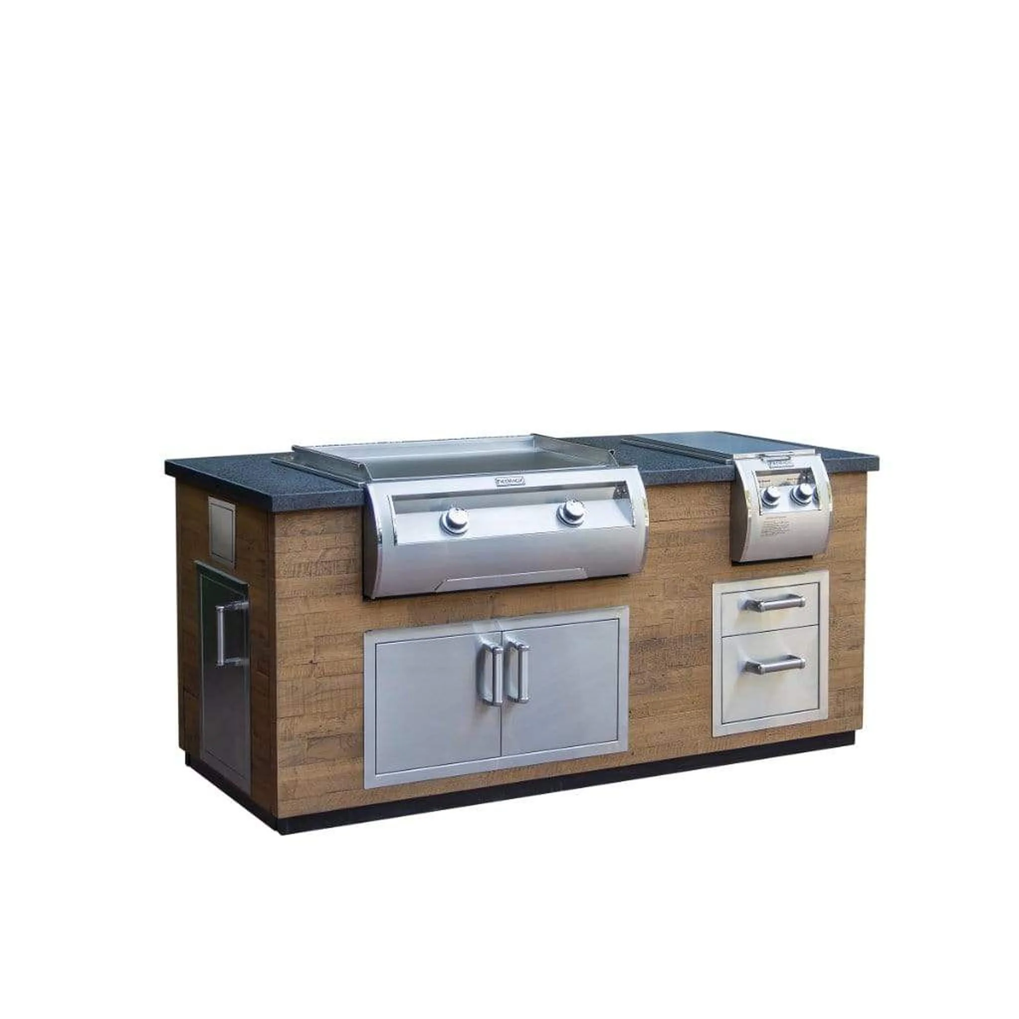 Fire Magic 77" Reclaimed Wood Island System w/ Polished Black Lava Counter & Double Drawer Cutout
