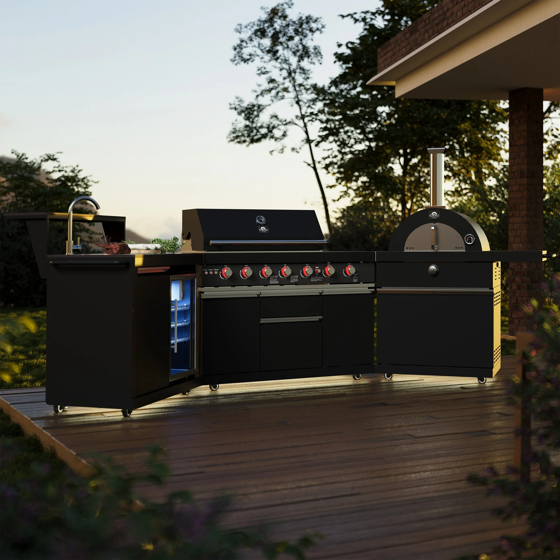 Forno All’Aperto Outdoor Kitchen – 87,600 BTU, 4 Burners, Infrared Burners, Pizza Oven, Black Countertops, Bar & Beverage Center - Image 5