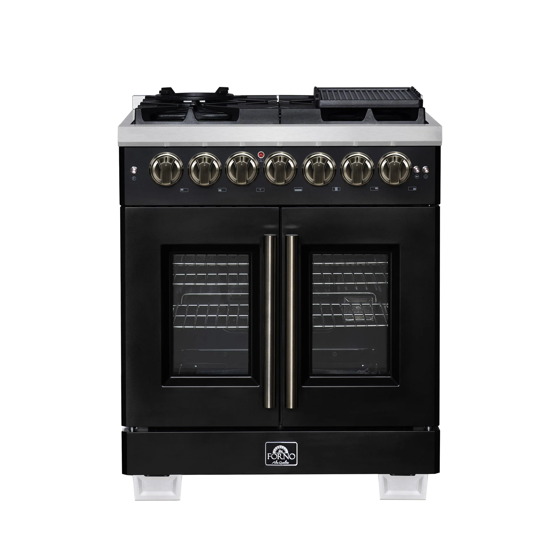 Forno Capriasca Freestanding French Door Dual Fuel Range with Antique Brass Accessories, True Convection Oven