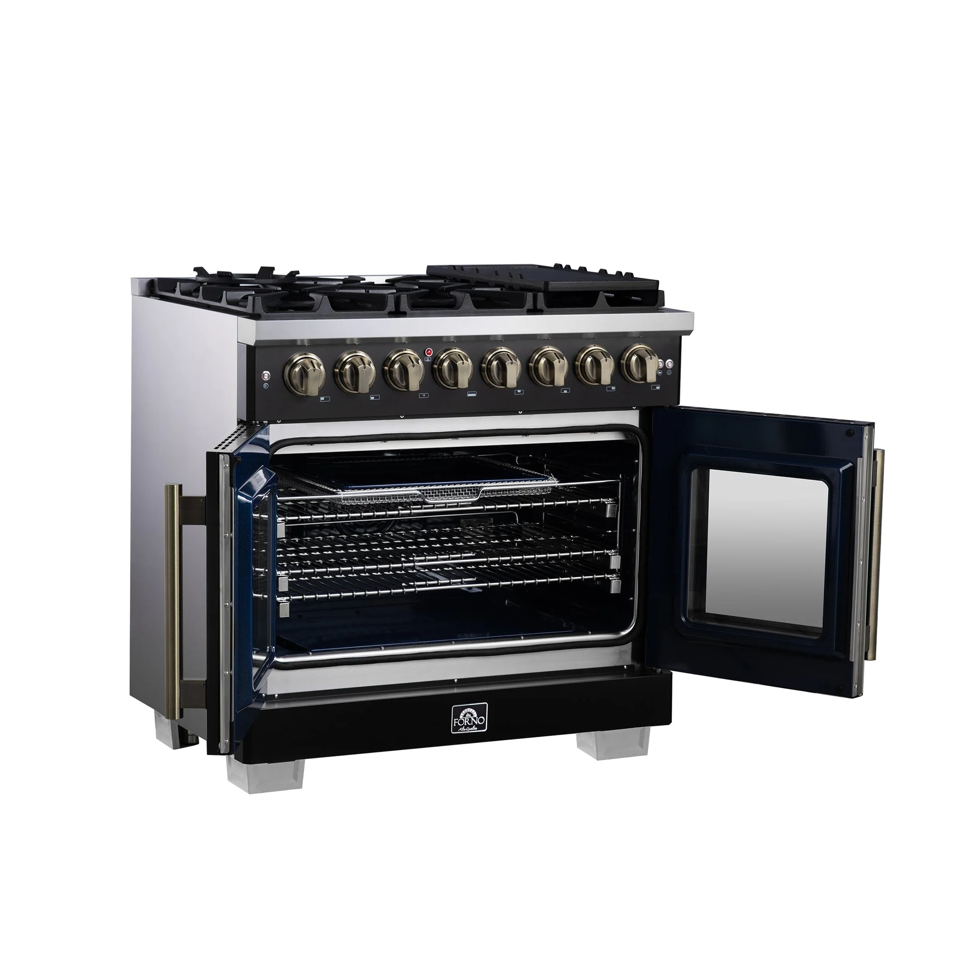 Forno Capriasca Freestanding French Door Dual Fuel Range with Antique Brass Accessories, True Convection Oven - Image 19