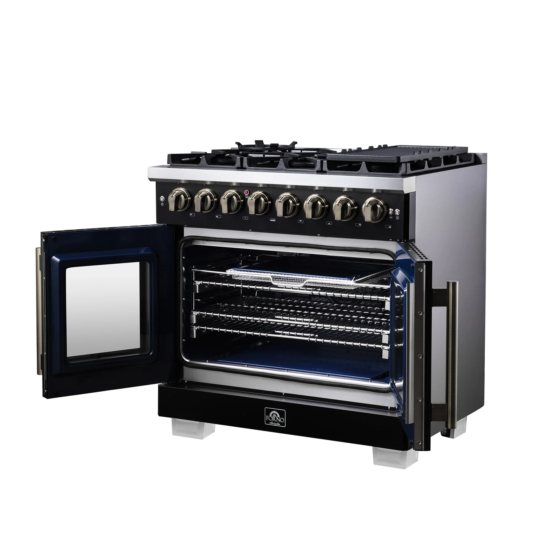 Forno Capriasca Freestanding French Door Dual Fuel Range with Antique Brass Accessories, True Convection Oven - Image 23