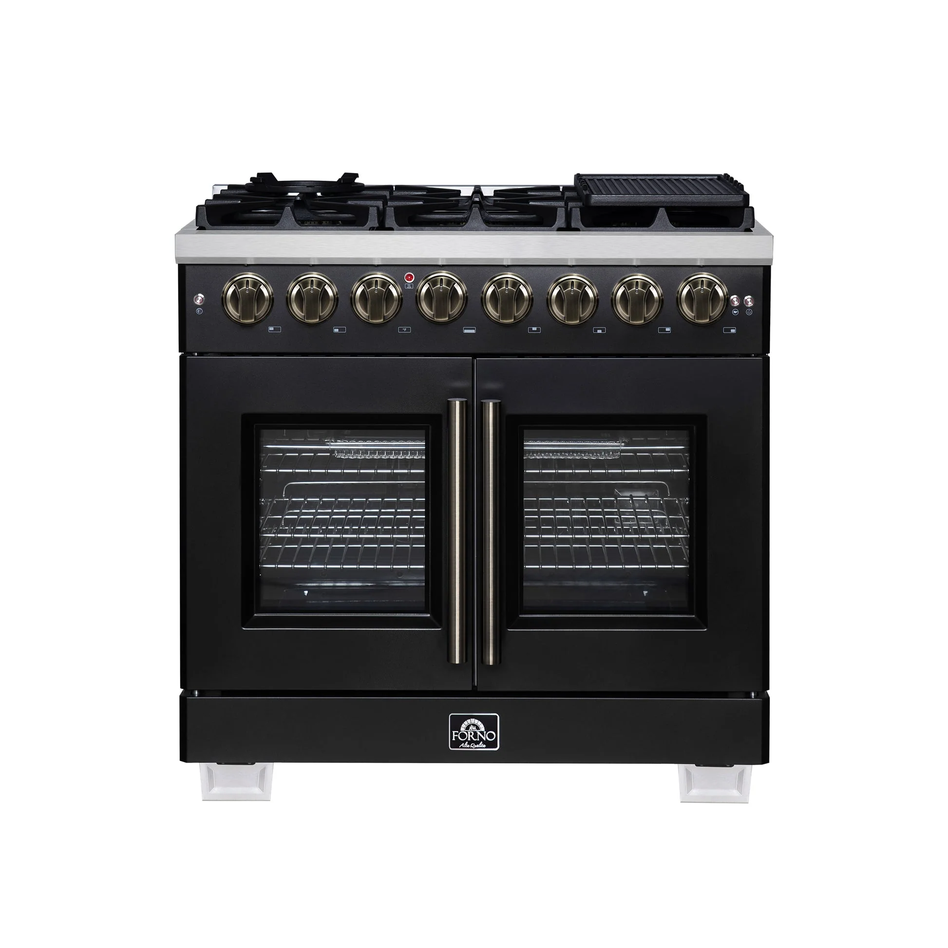 Forno Capriasca Freestanding French Door Dual Fuel Range with Antique Brass Accessories, True Convection Oven - Image 3