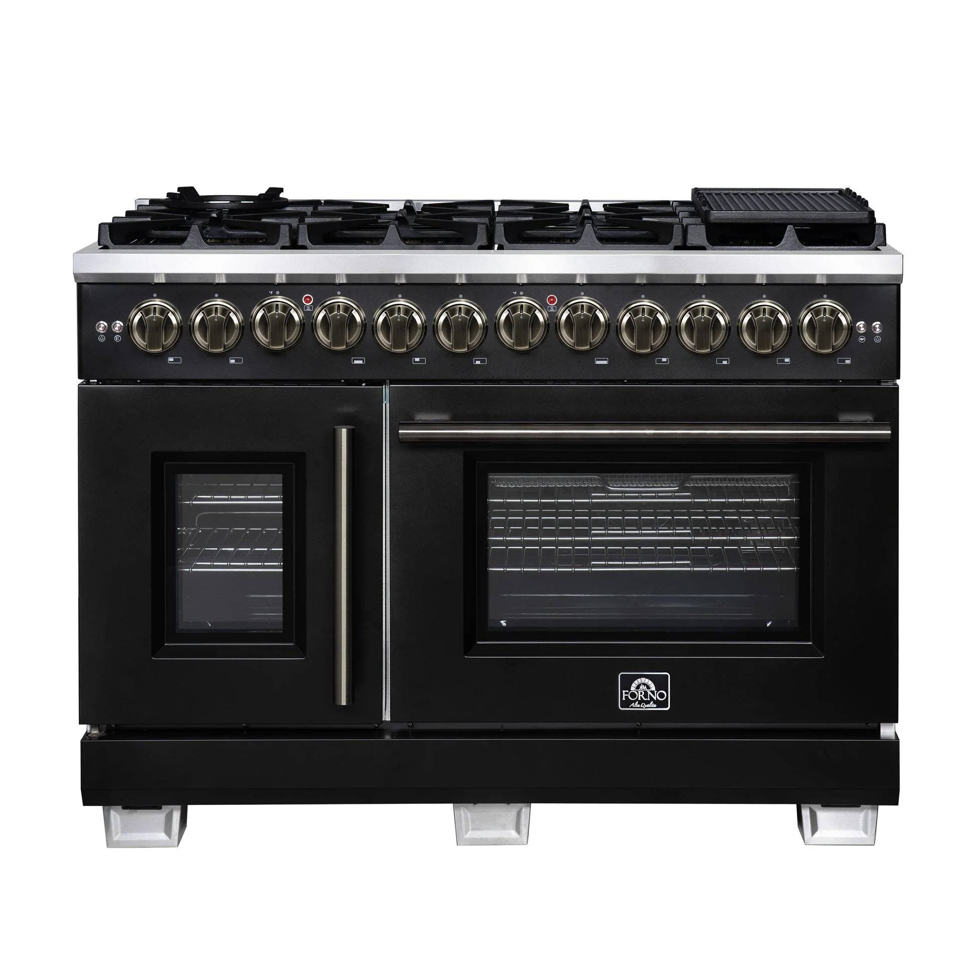 Forno Capriasca Freestanding French Door Dual Fuel Range with Antique Brass Accessories, True Convection Oven - Image 4