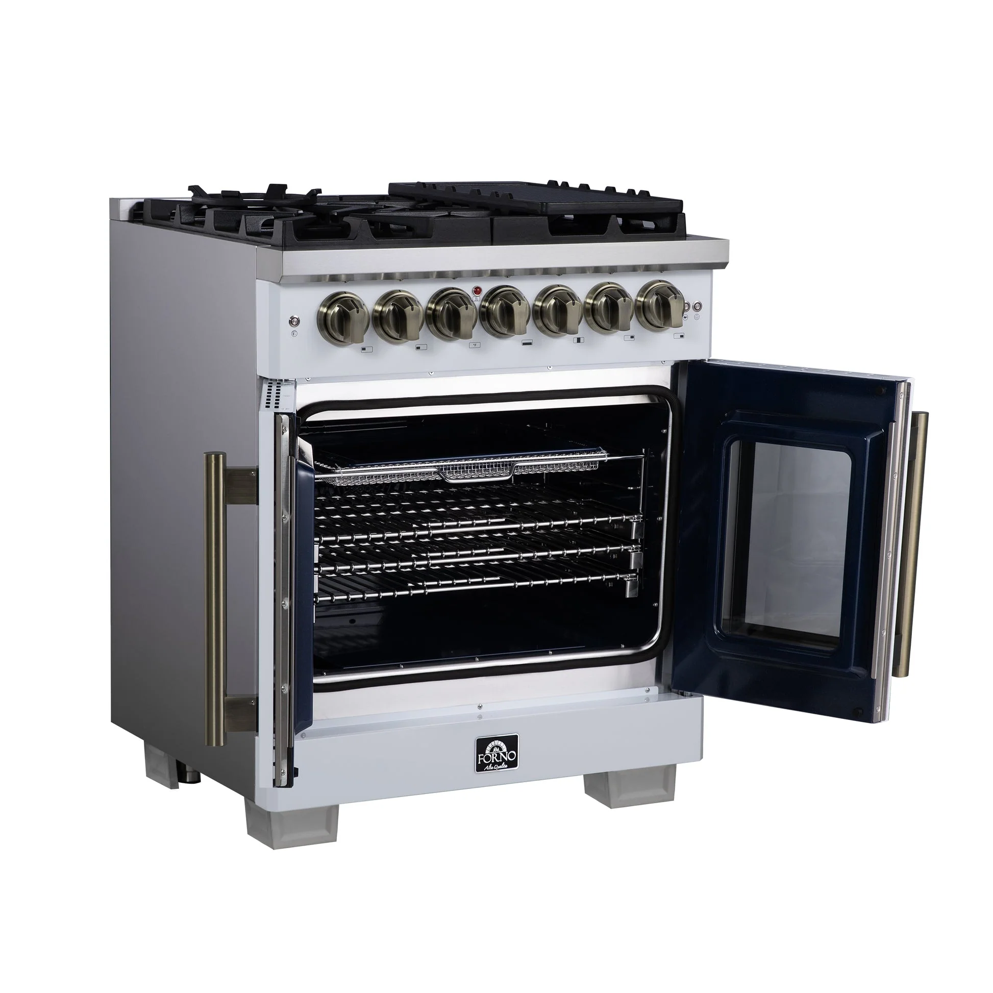 Forno Capriasca Freestanding French Door Dual Fuel Range with Antique Brass Accessories, True Convection Oven - Image 44