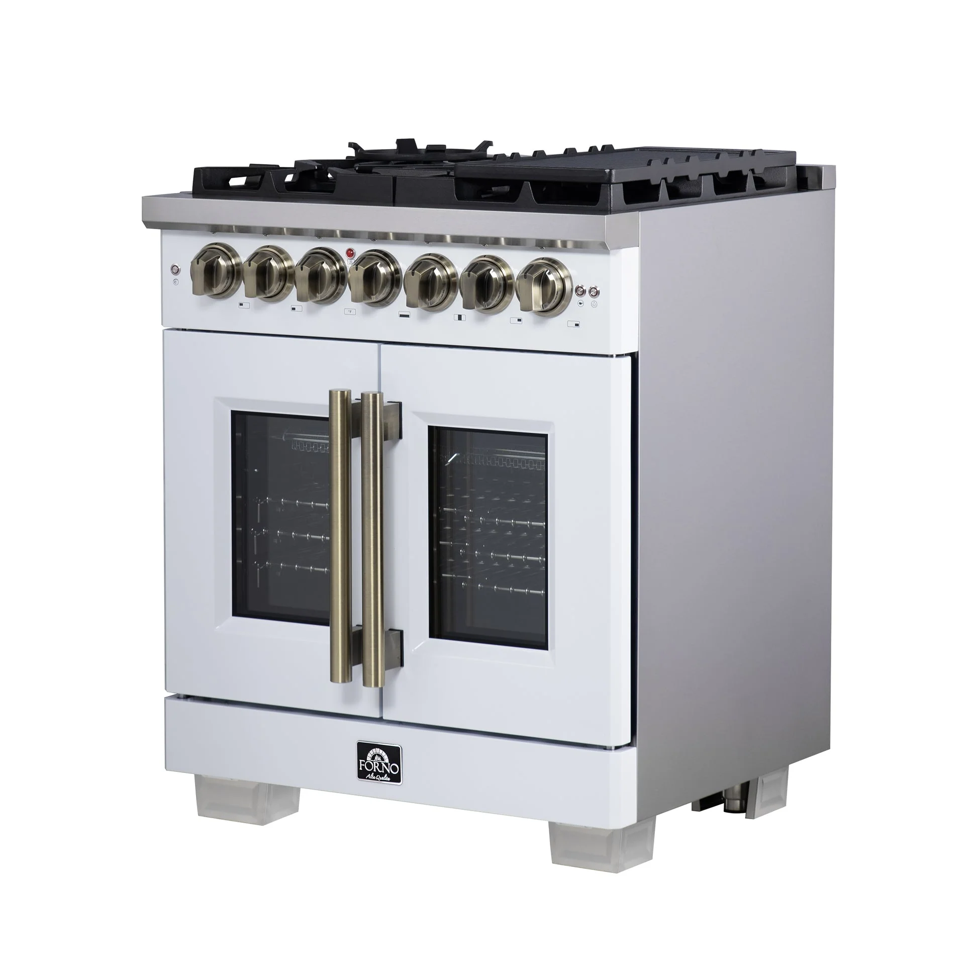 Forno Capriasca Freestanding French Door Dual Fuel Range with Antique Brass Accessories, True Convection Oven - Image 45