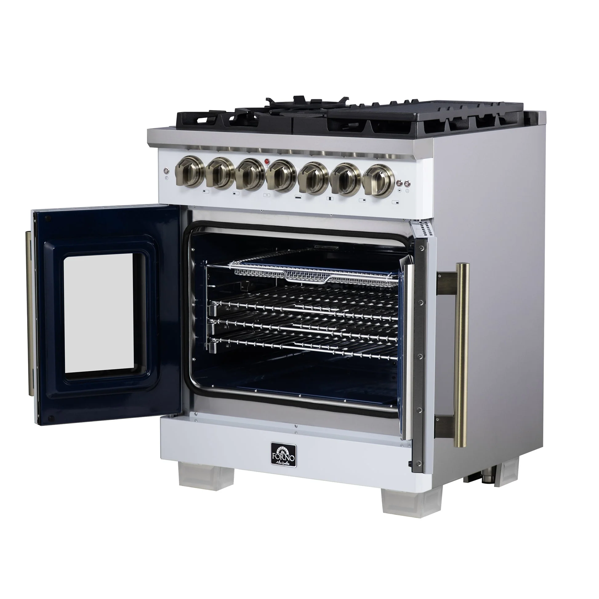 Forno Capriasca Freestanding French Door Dual Fuel Range with Antique Brass Accessories, True Convection Oven - Image 46