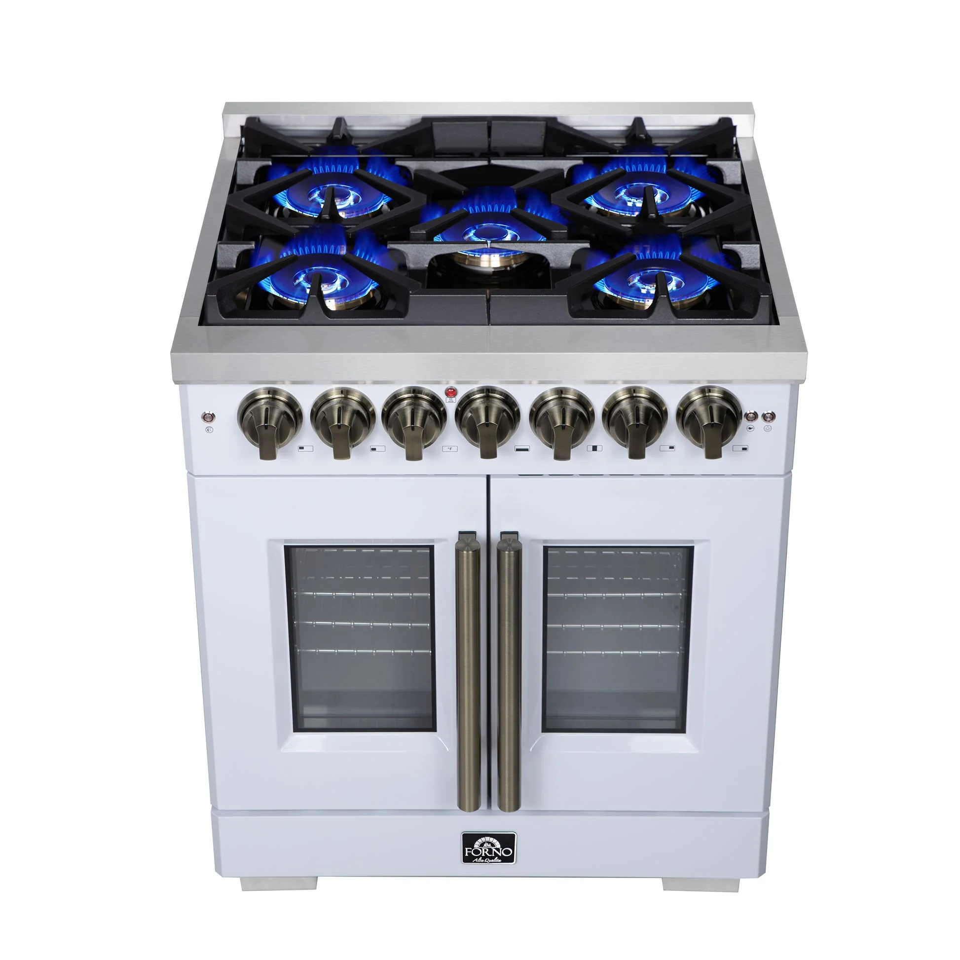 Forno Capriasca Freestanding French Door Dual Fuel Range with Antique Brass Accessories, True Convection Oven - Image 47