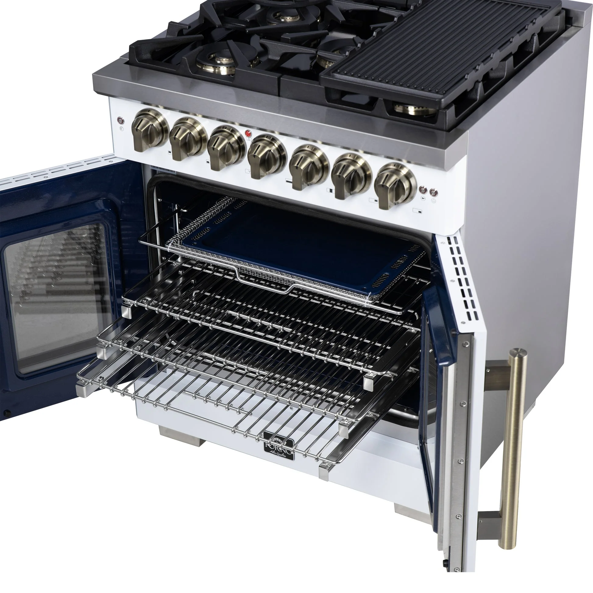 Forno Capriasca Freestanding French Door Dual Fuel Range with Antique Brass Accessories, True Convection Oven - Image 49