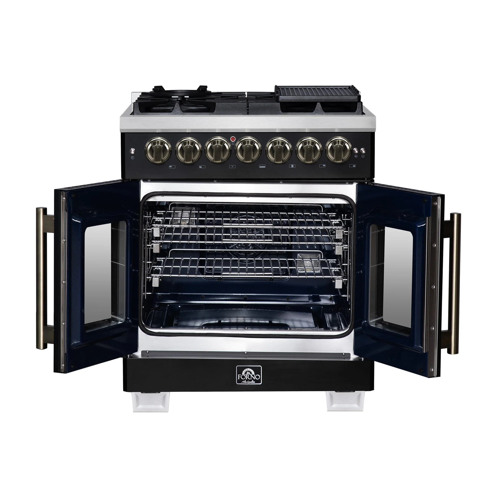 Forno Capriasca Freestanding French Door Dual Fuel Range with Antique Brass Accessories, True Convection Oven - Image 5