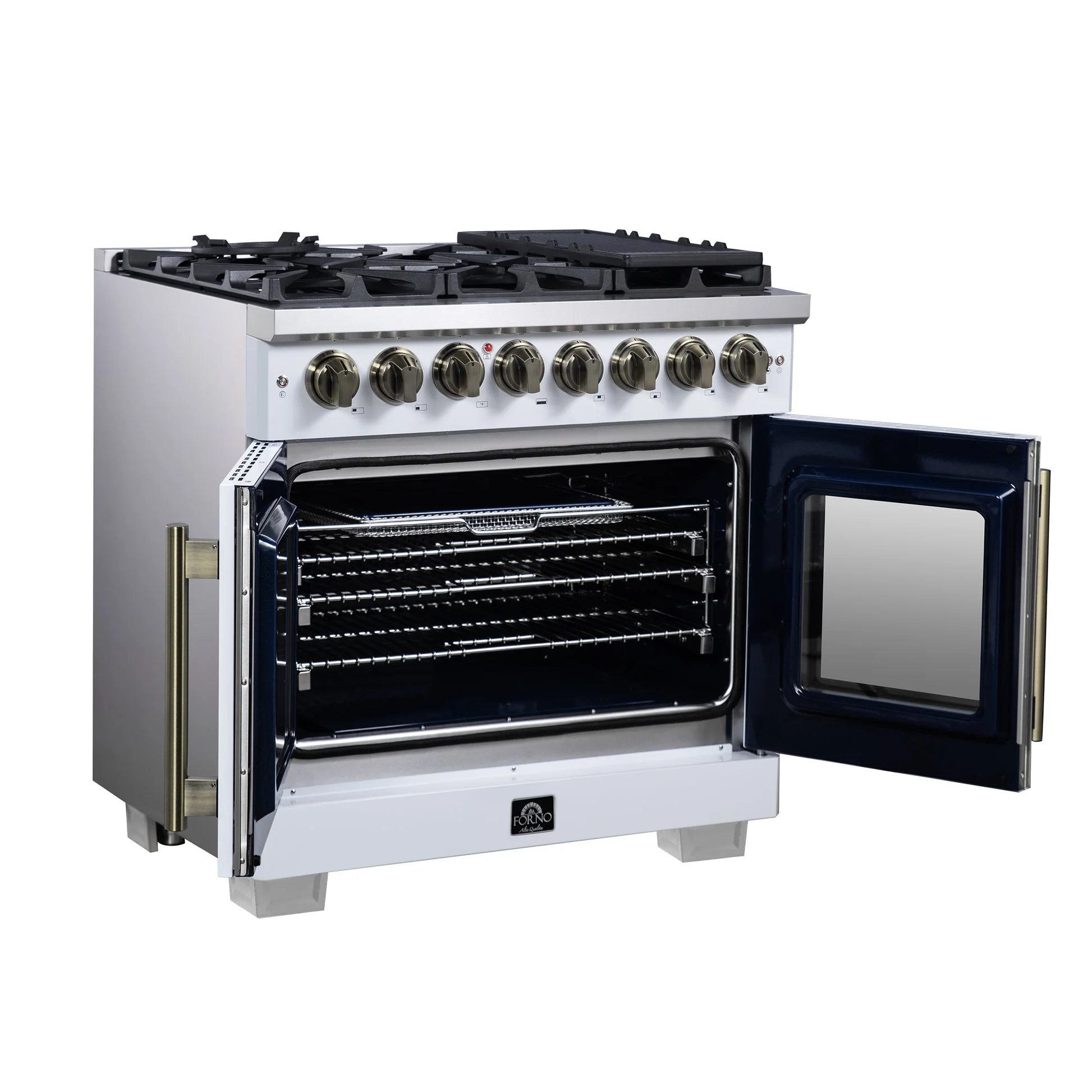 Forno Capriasca Freestanding French Door Dual Fuel Range with Antique Brass Accessories, True Convection Oven - Image 54