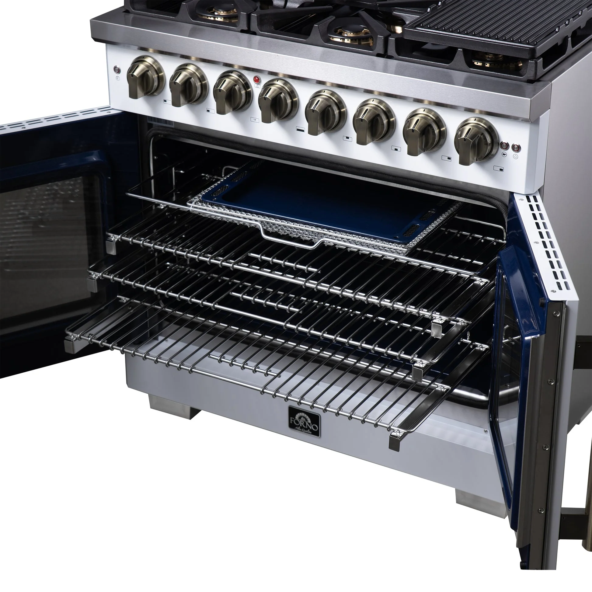 Forno Capriasca Freestanding French Door Dual Fuel Range with Antique Brass Accessories, True Convection Oven - Image 59