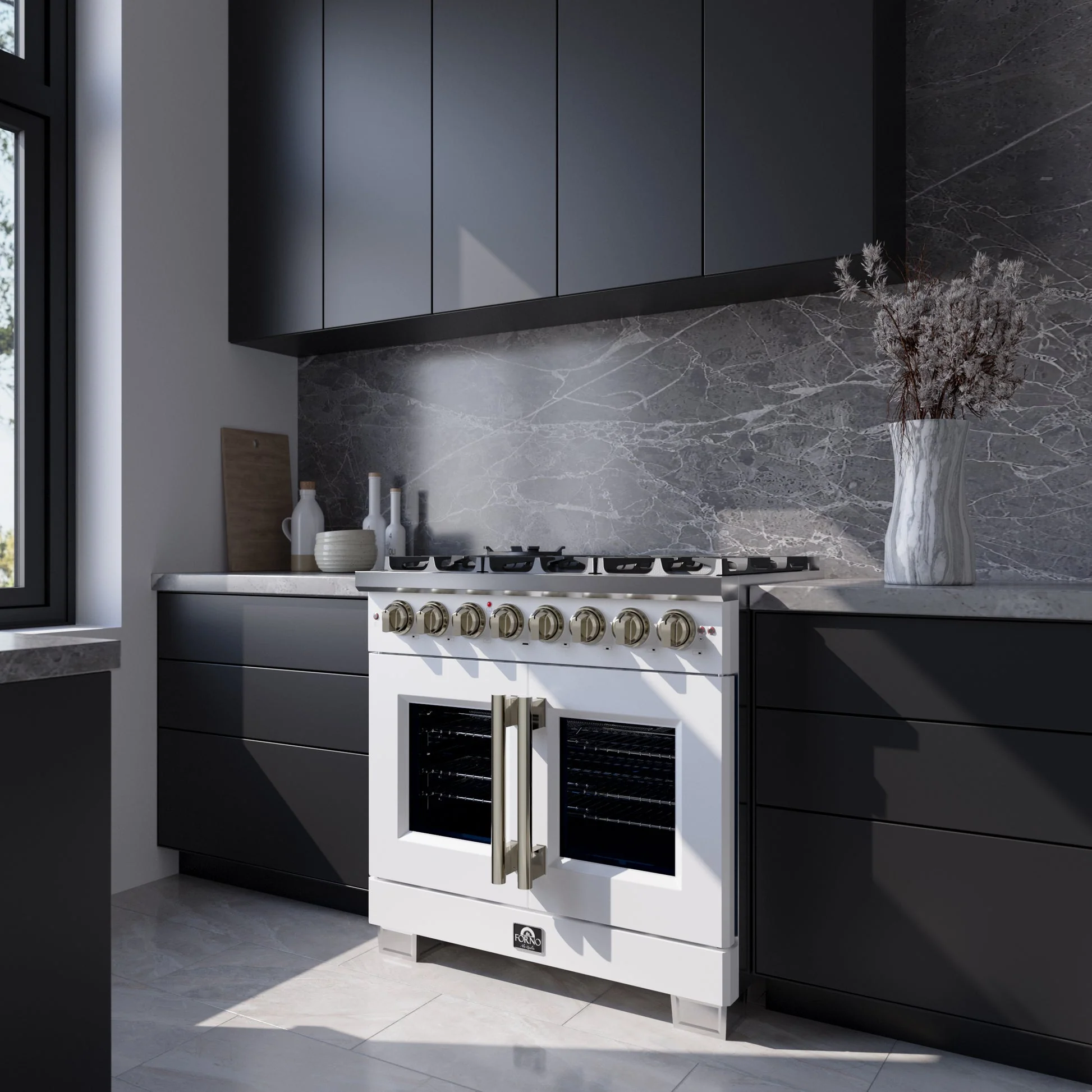 Forno Capriasca Freestanding French Door Dual Fuel Range with Antique Brass Accessories, True Convection Oven - Image 61