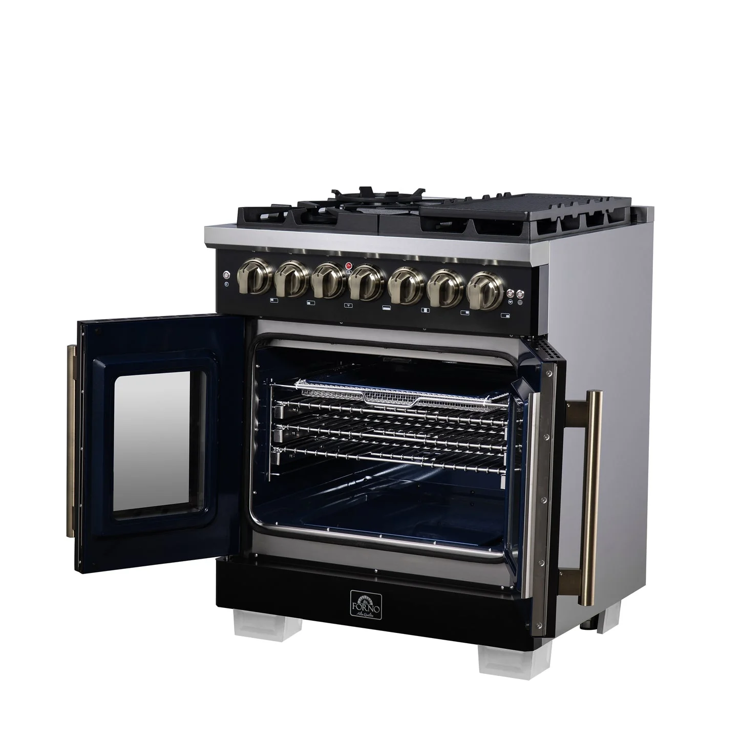 Forno Capriasca Freestanding French Door Dual Fuel Range with Antique Brass Accessories, True Convection Oven - Image 7