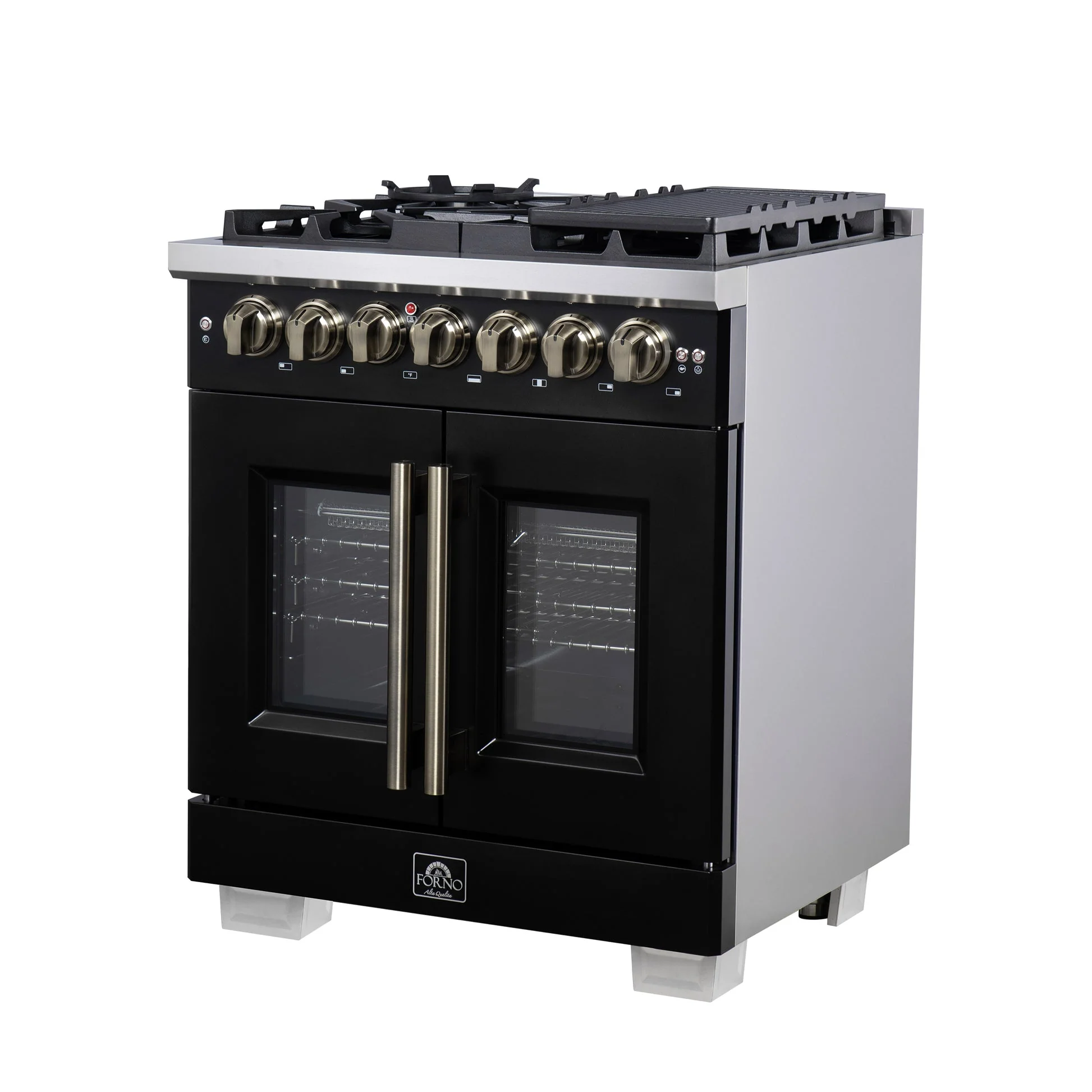 Forno Capriasca Freestanding French Door Dual Fuel Range with Antique Brass Accessories, True Convection Oven - Image 9
