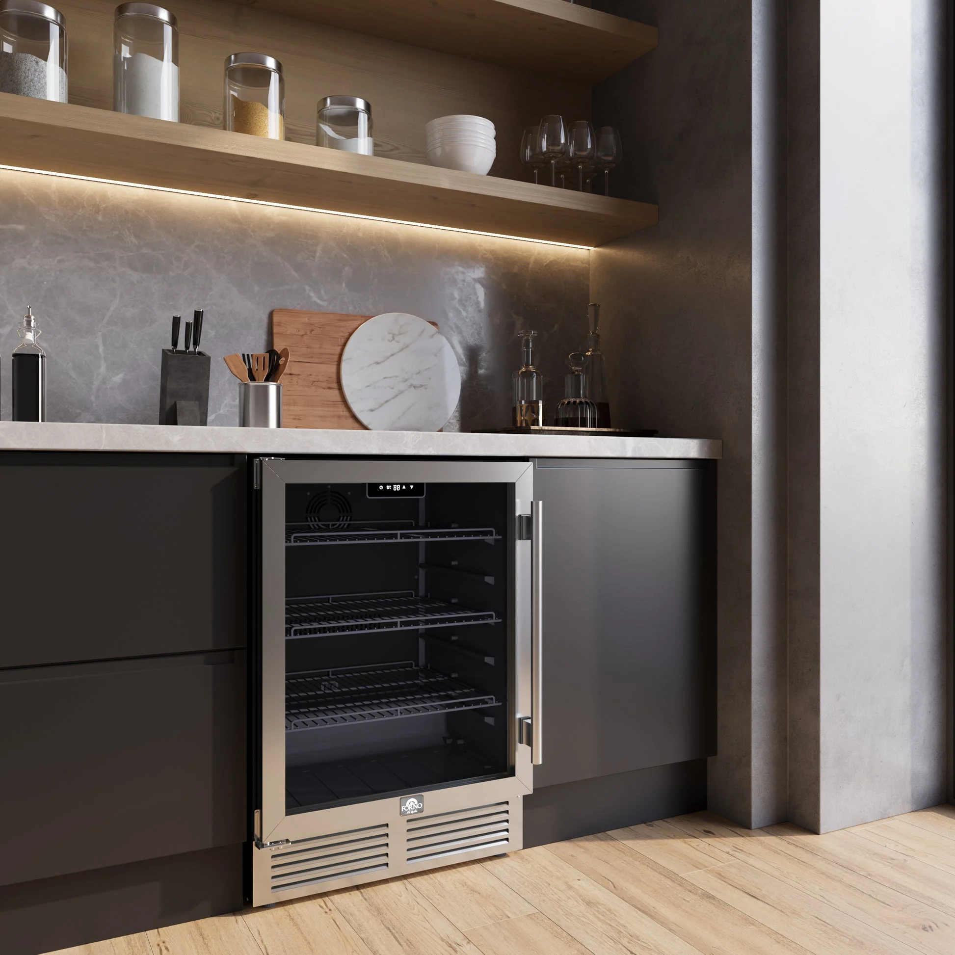 Forno Frescolino 24" Beverage Cooler – Stainless Steel, 188 Can Capacity, LED Lighting, Triple Glass Door, Built-In or Freestanding - Image 11