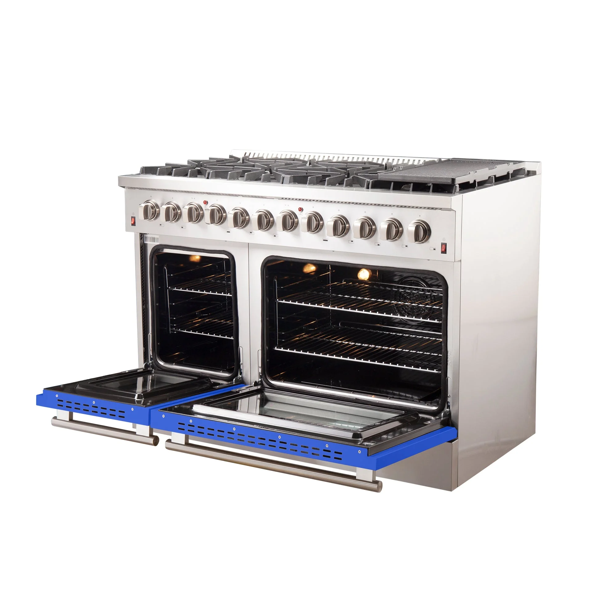 Forno Galiano 48-Inch Freestanding Dual Fuel Range, Double Convection Ovens, Blue Doors - Image 4