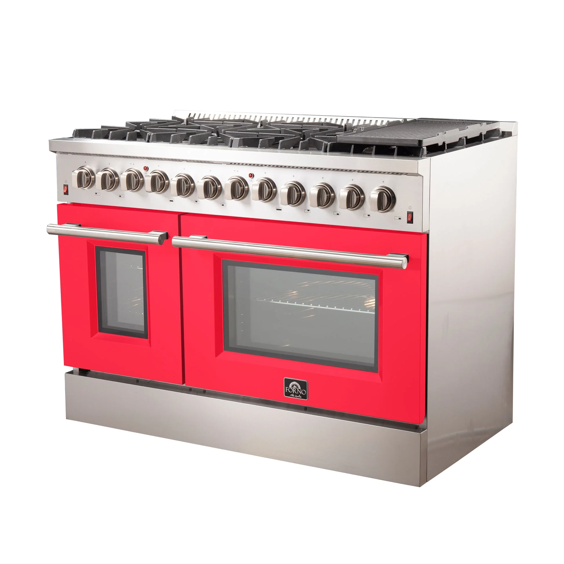 Forno Galiano 48-Inch Freestanding Dual Fuel Range, Double Convection Ovens, Red Doors - Image 2