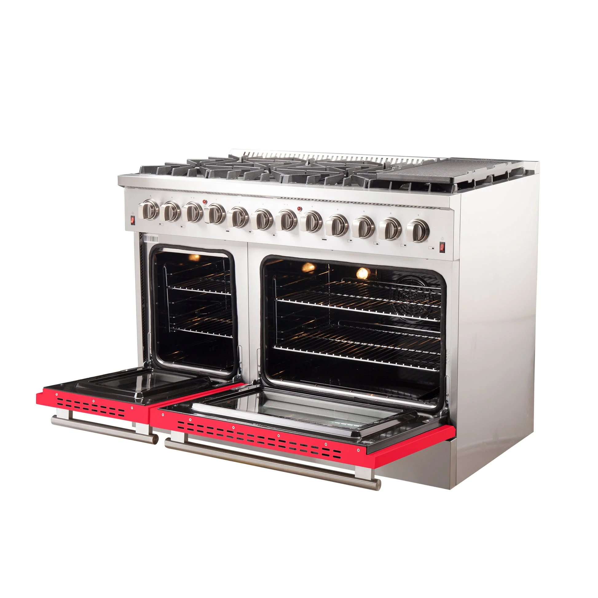 Forno Galiano 48-Inch Freestanding Dual Fuel Range, Double Convection Ovens, Red Doors - Image 3