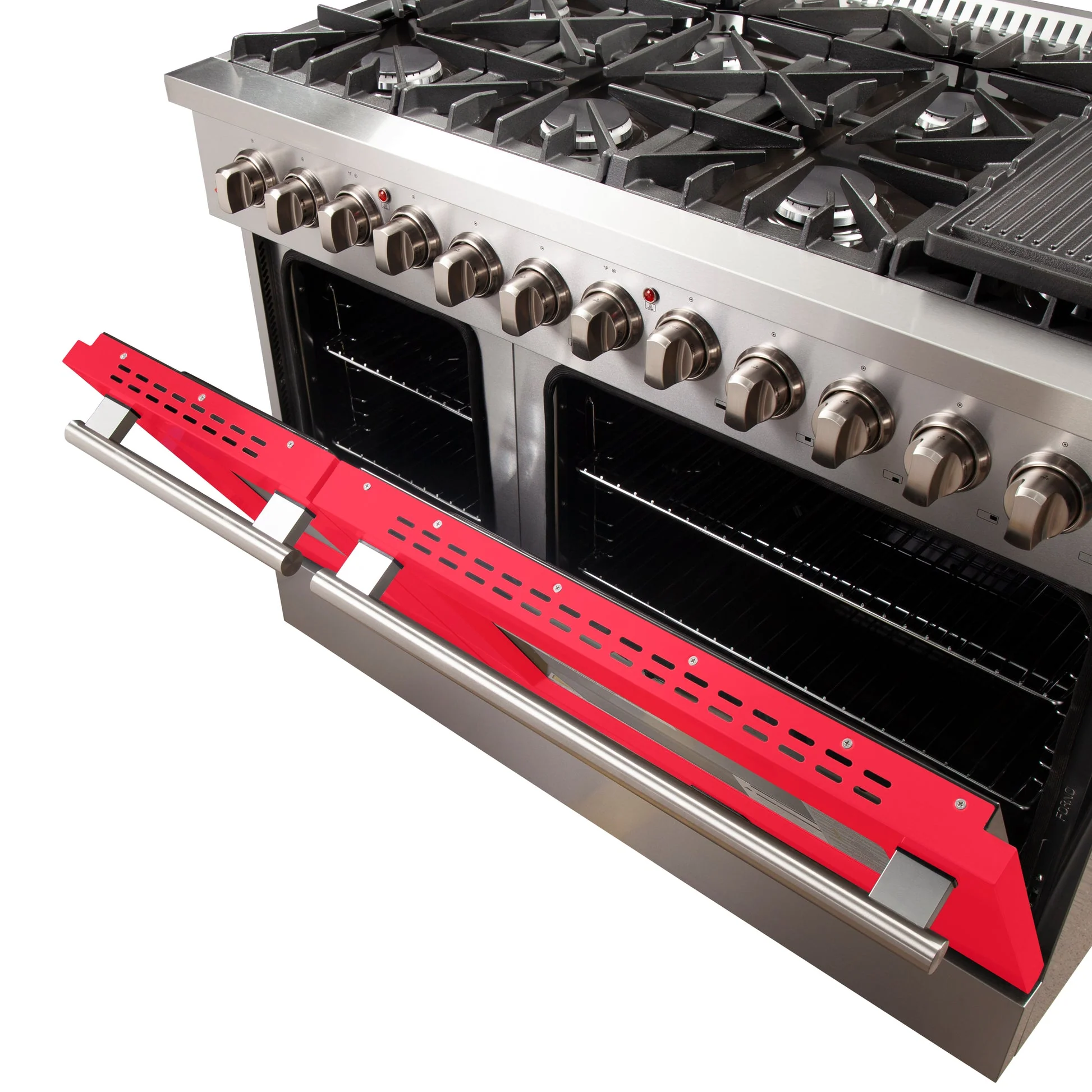 Forno Galiano 48-Inch Freestanding Dual Fuel Range, Double Convection Ovens, Red Doors - Image 5