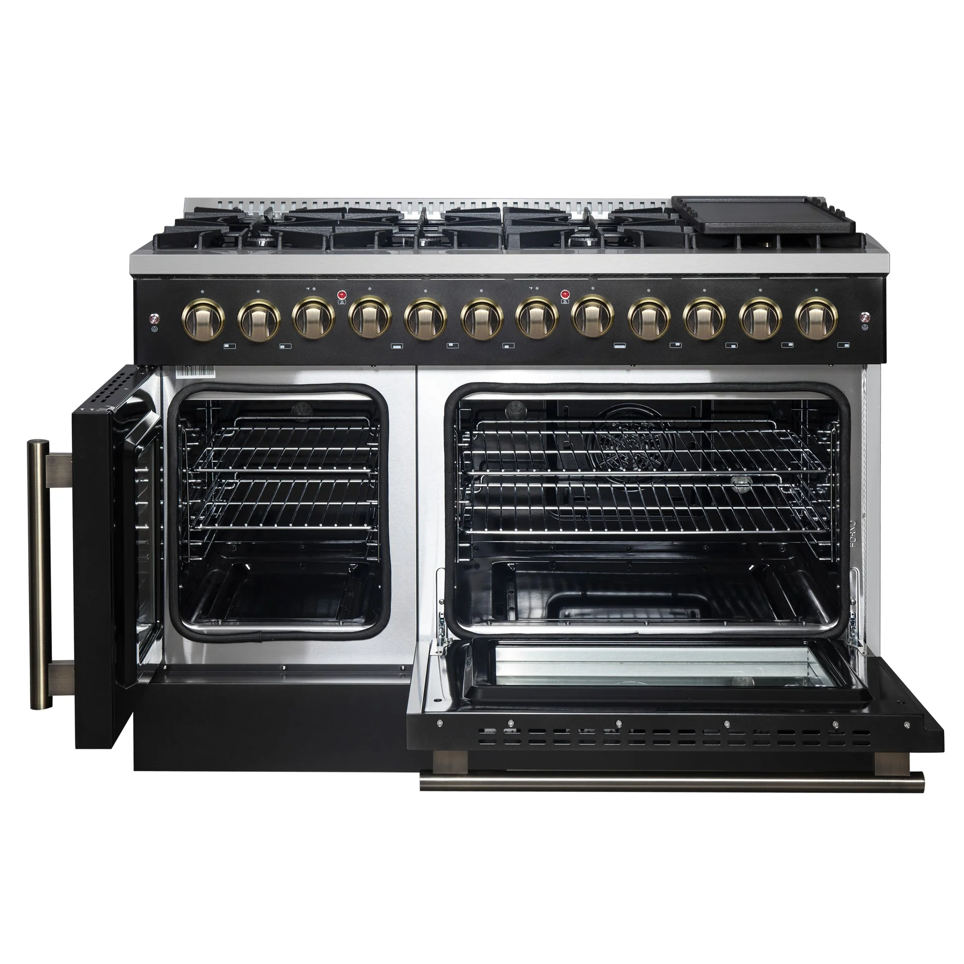 Forno Galiano 48-inch French Door Dual Fuel Range, with Antique Brass Design, 8 Sealed Burners - 107,000 BTU, Griddle, 6.58 cu.ft. Double Ovens - Image 11