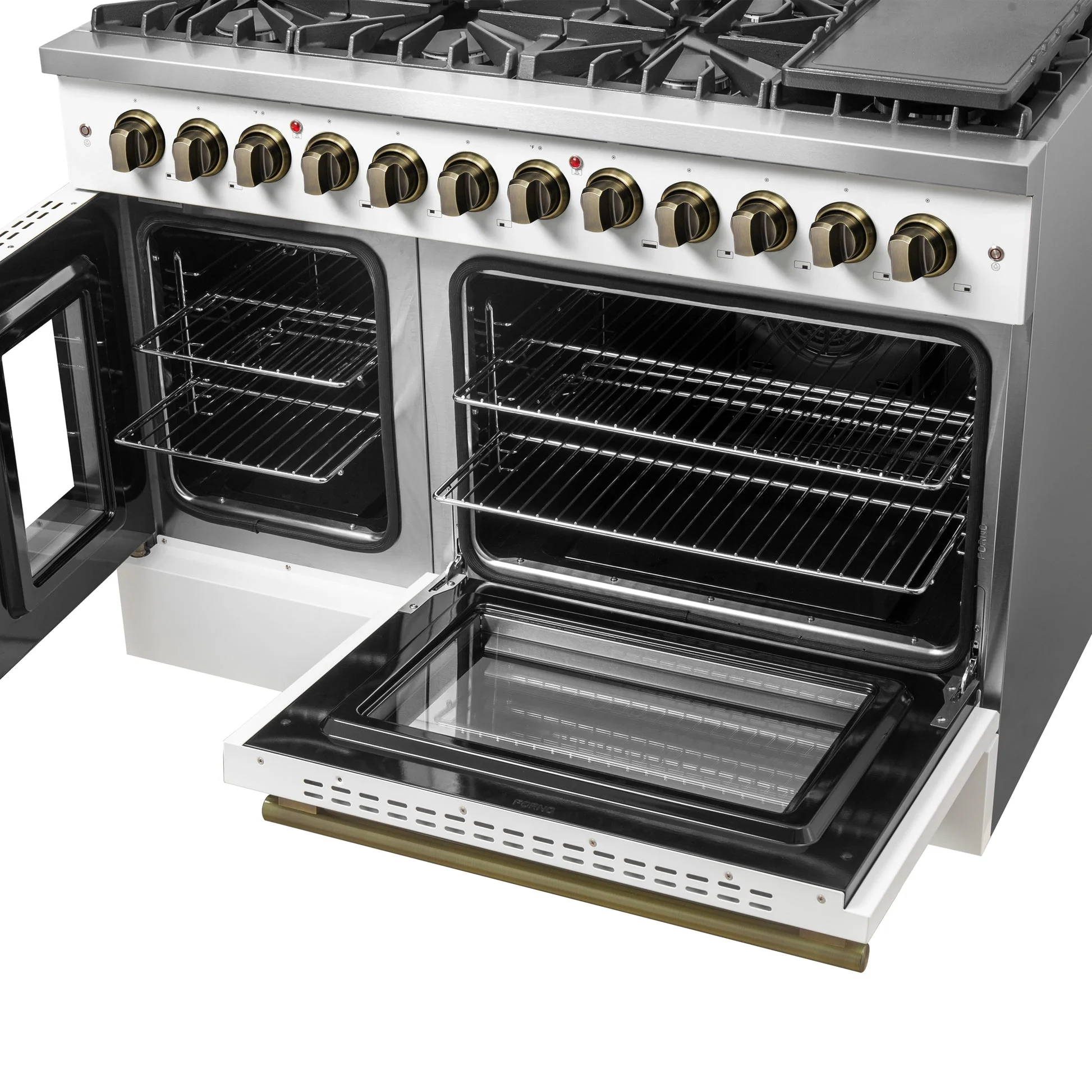 Forno Galiano 48-inch French Door Dual Fuel Range, with Antique Brass Design, 8 Sealed Burners - 107,000 BTU, Griddle, 6.58 cu.ft. Double Ovens - Image 22