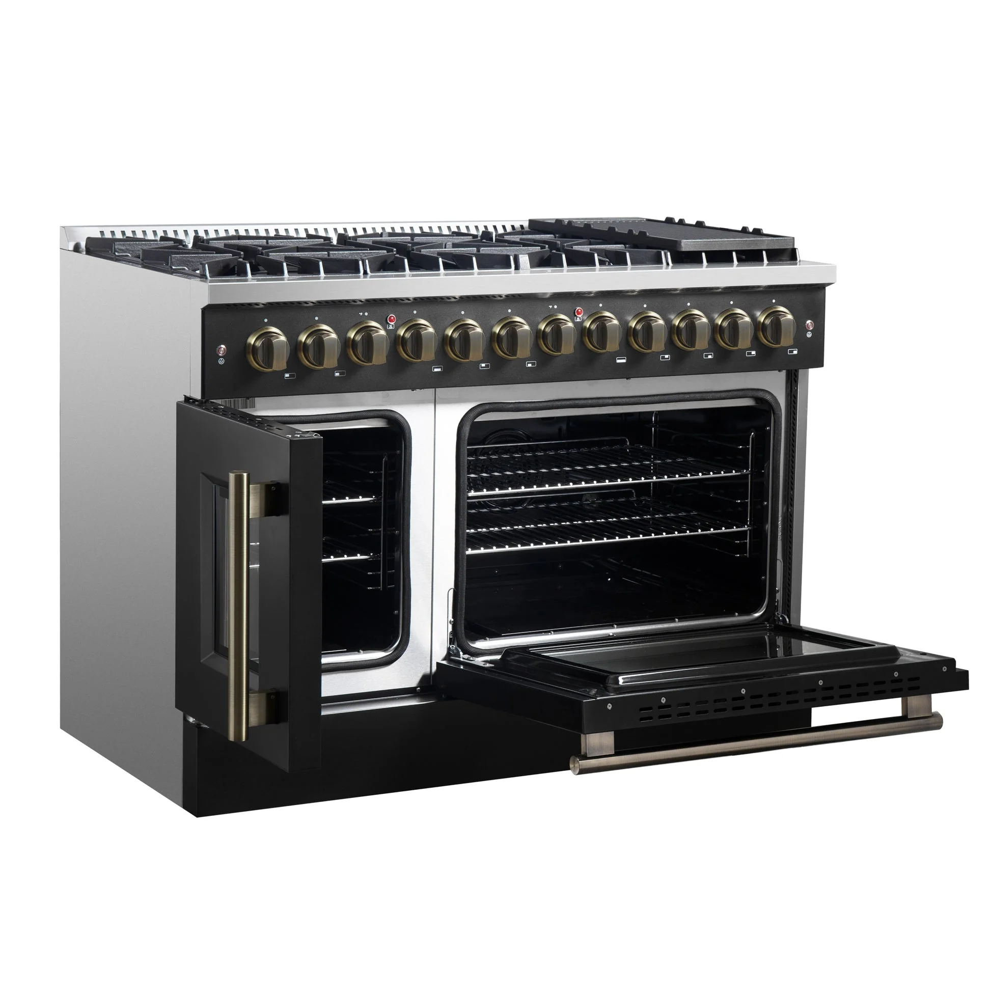 Forno Galiano 48-inch French Door Dual Fuel Range, with Antique Brass Design, 8 Sealed Burners - 107,000 BTU, Griddle, 6.58 cu.ft. Double Ovens - Image 5