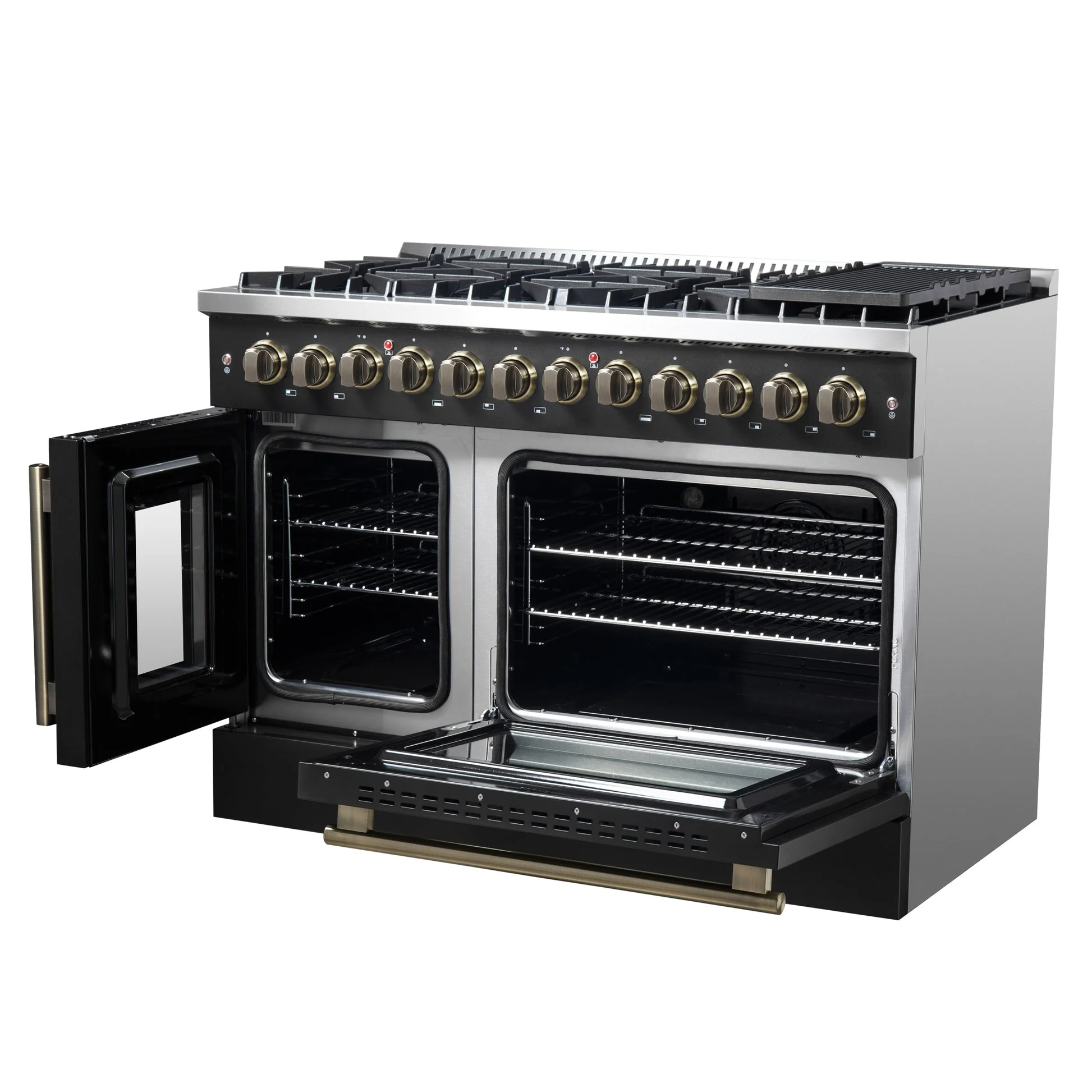 Forno Galiano 48-inch French Door Dual Fuel Range, with Antique Brass Design, 8 Sealed Burners - 107,000 BTU, Griddle, 6.58 cu.ft. Double Ovens - Image 8