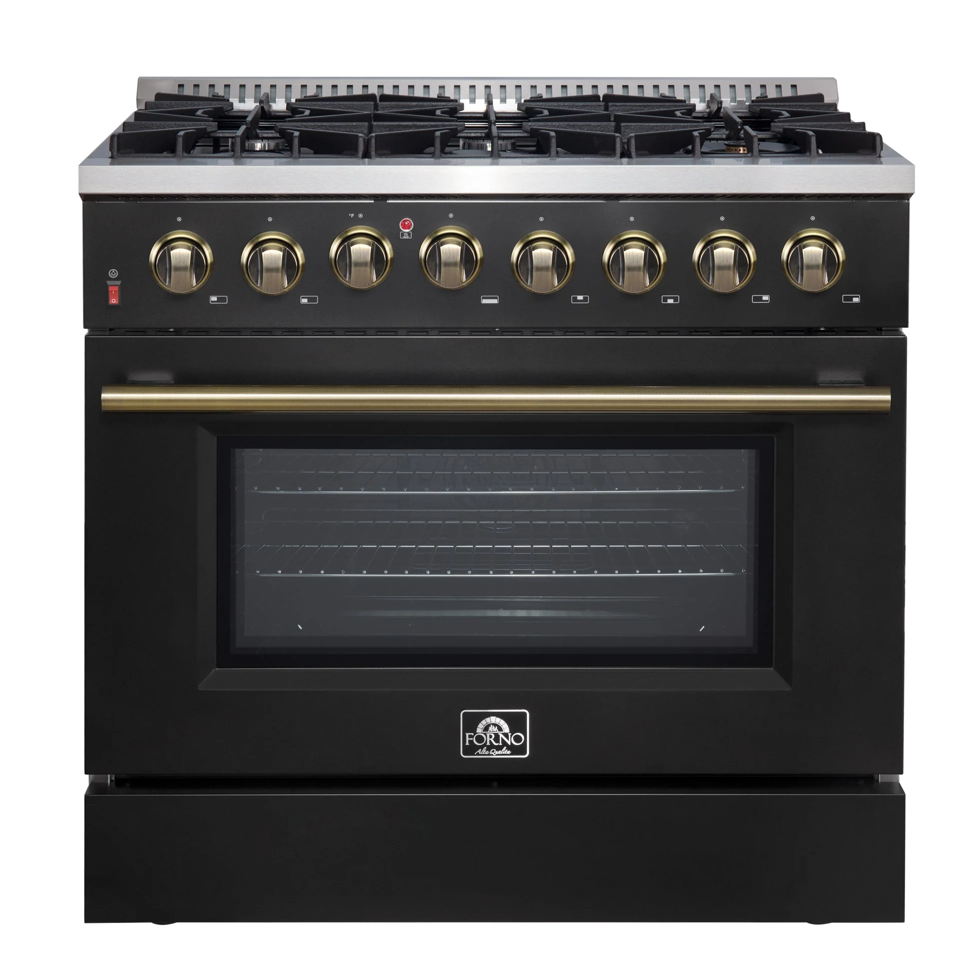 Forno Galiano Dual Fuel Range with Antique Brass Design, True Convection Oven