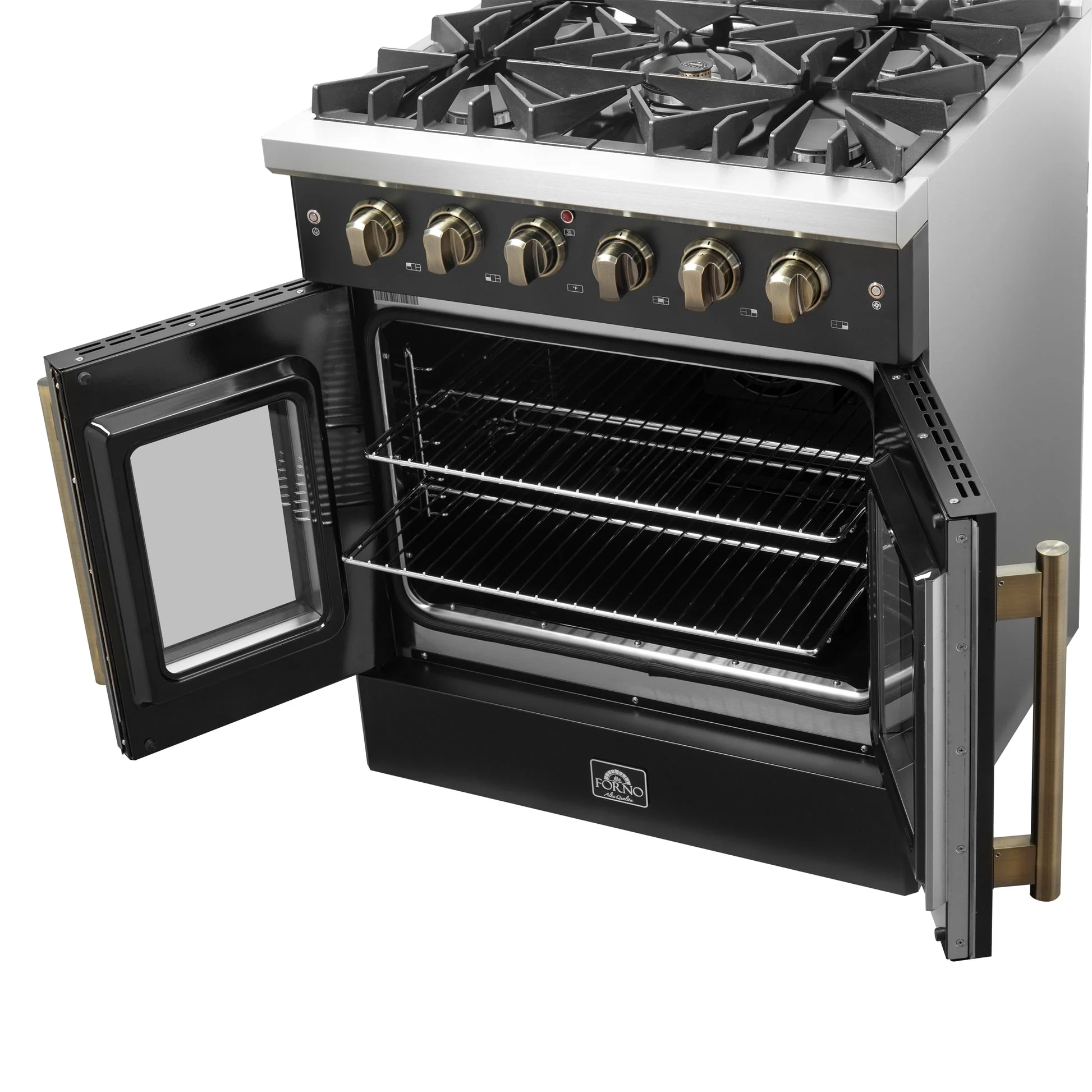 Forno Galiano French Door Gas Range with Antique Brass Design, Convection Oven - Image 8